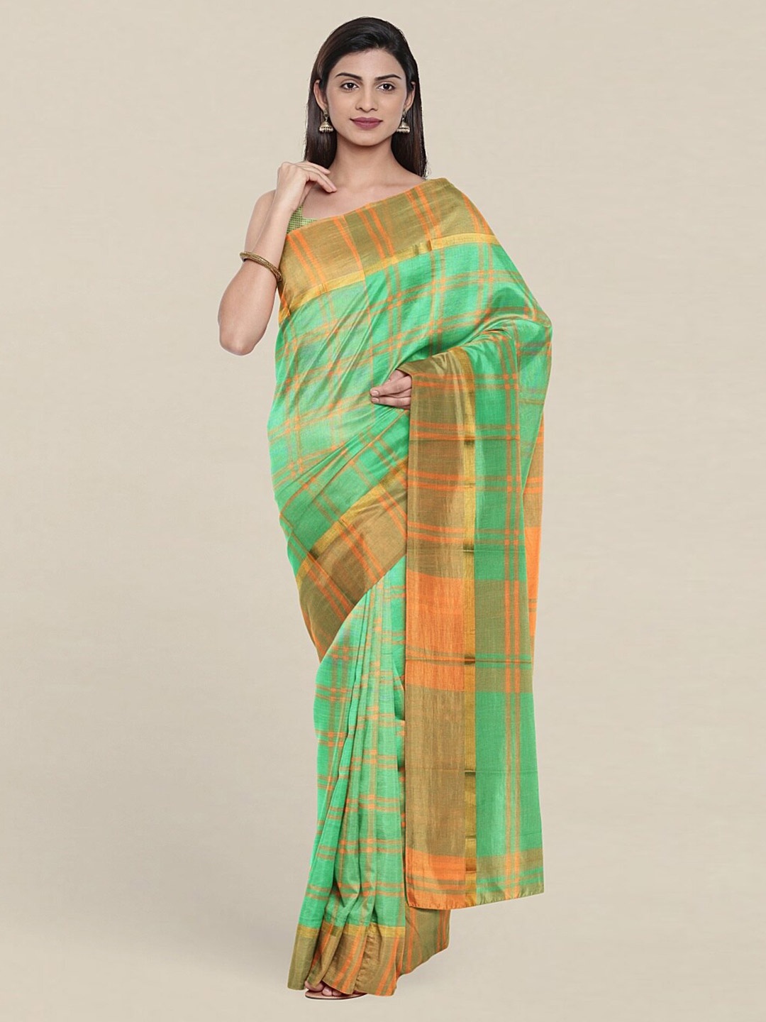 

Pothys Green & Orange Checked Pure Cotton Saree
