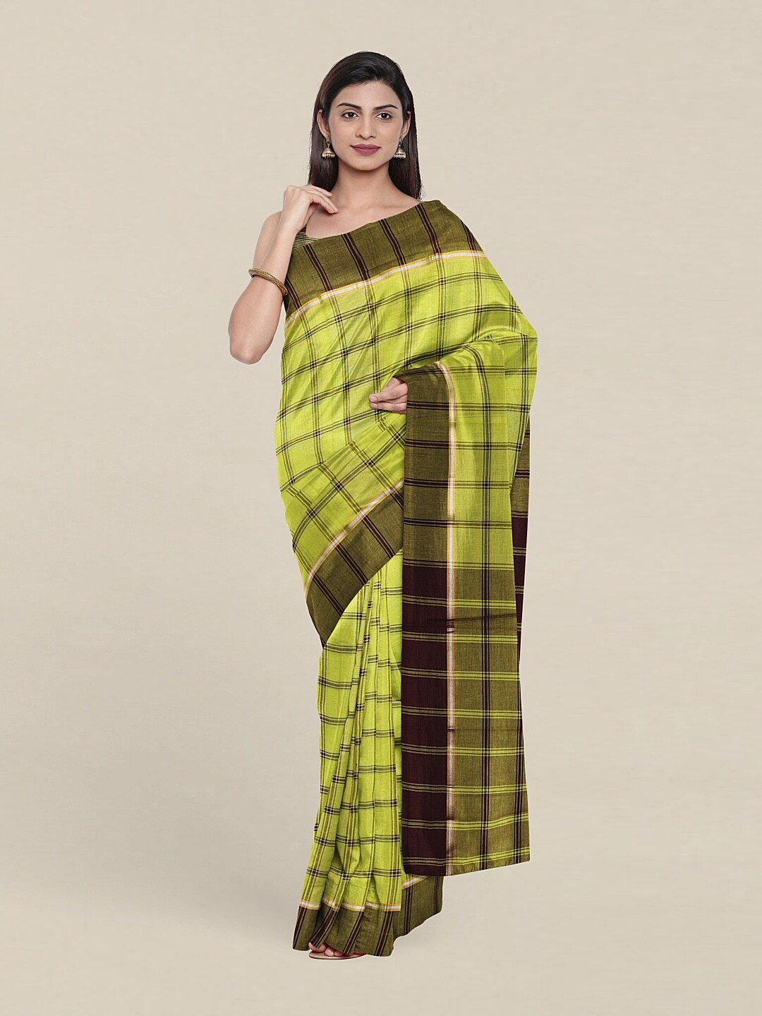 

Pothys Green & Olive Green Checked Pure Cotton Saree