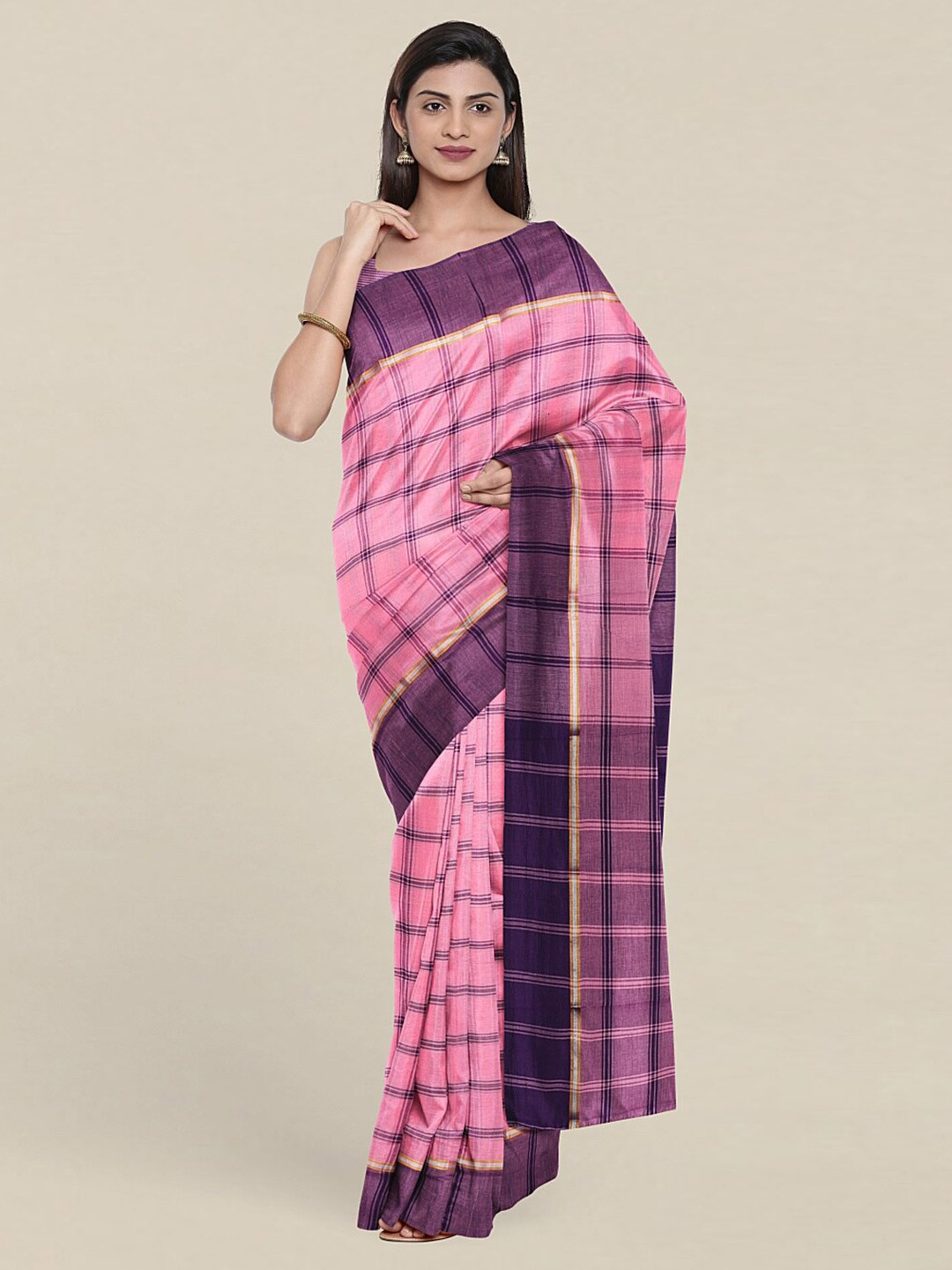 

Pothys Pink & Purple Checked Pure Cotton Saree
