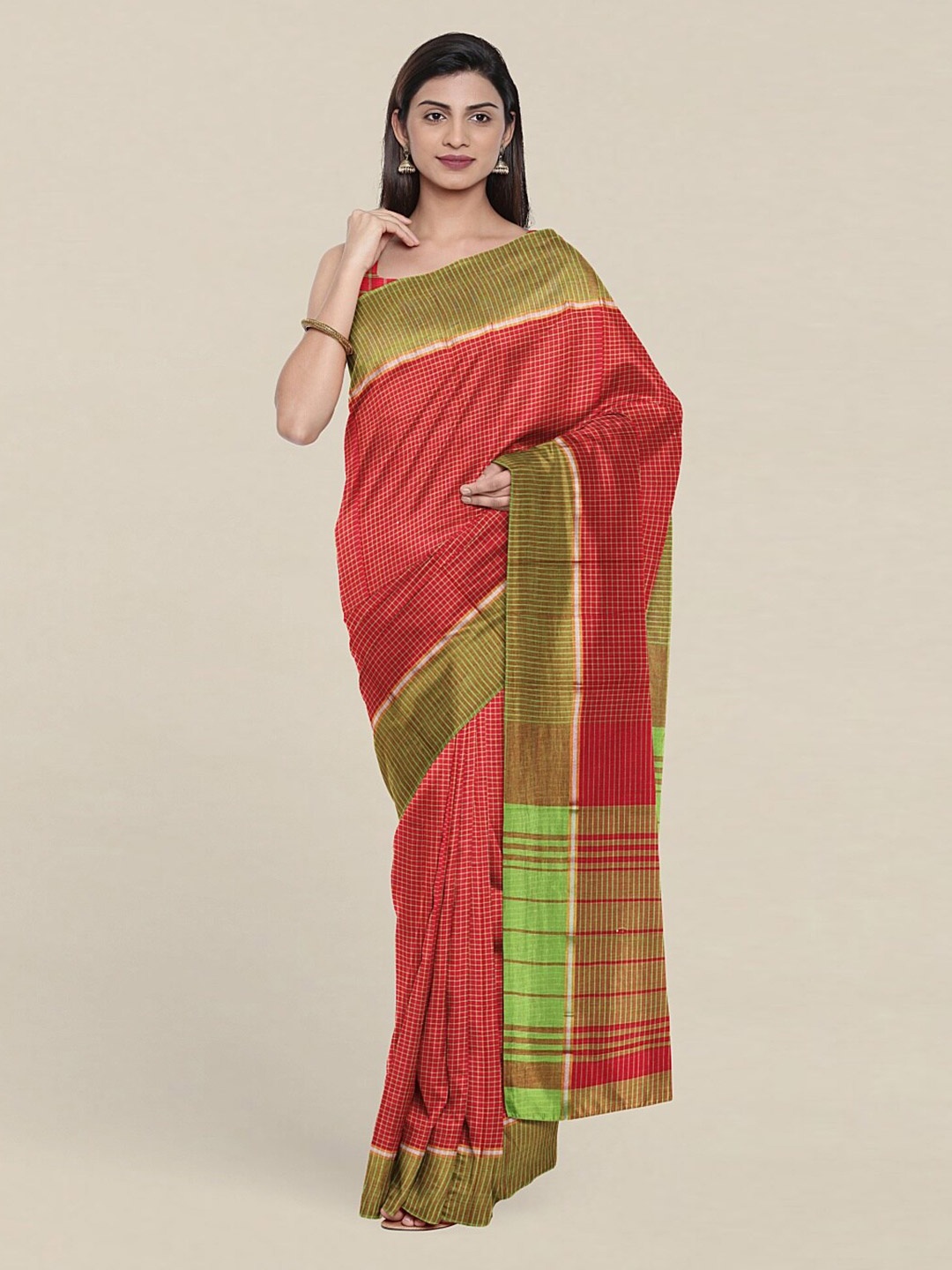 

Pothys Red & Green Checked Pure Cotton Saree