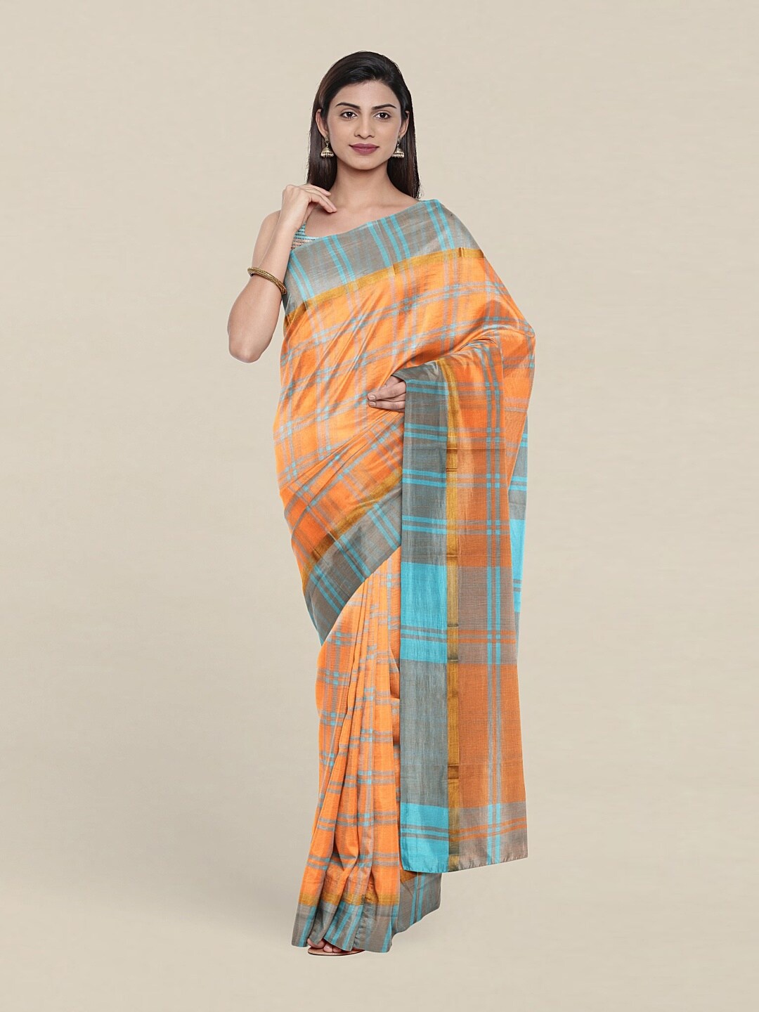 

Pothys Peach-Coloured & Blue Checked Pure Cotton Saree