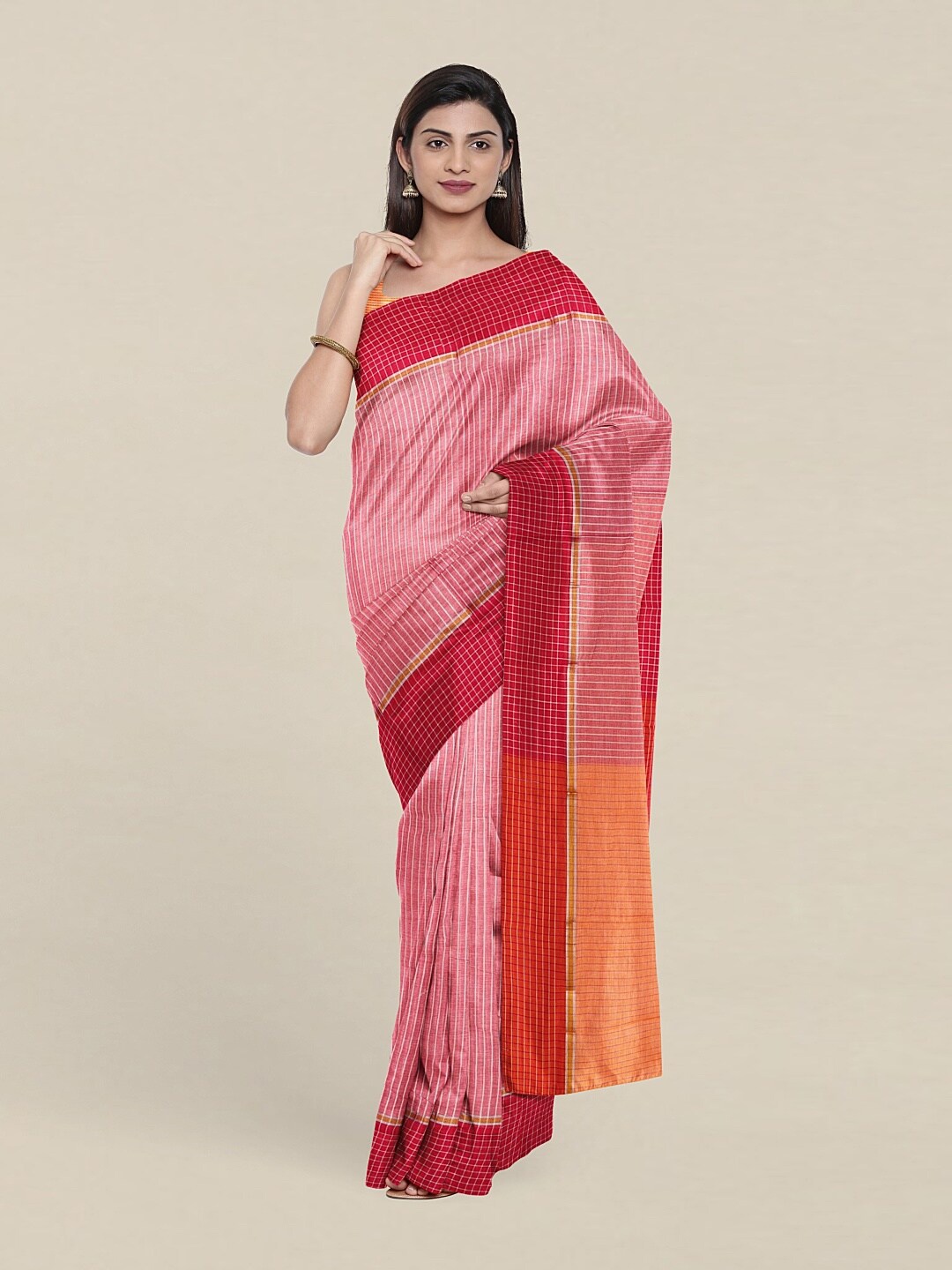 

Pothys Pink & Red Striped Zari Pure Cotton Saree