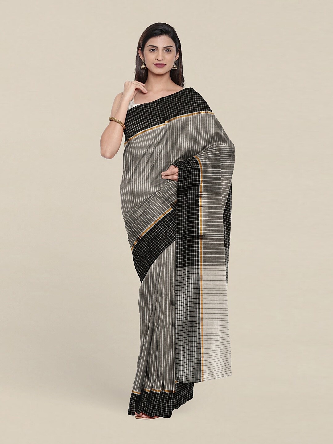 

Pothys Grey & Black Striped Zari Pure Cotton Saree