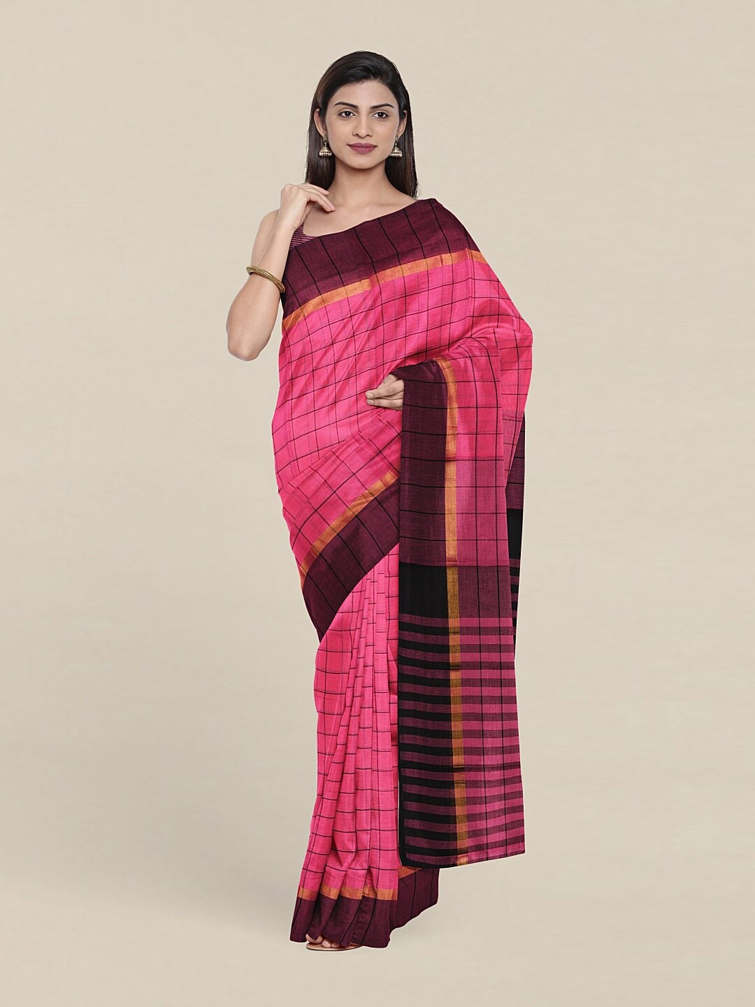 

Pothys Pink & Black Printed Checked Pure Cotton Saree