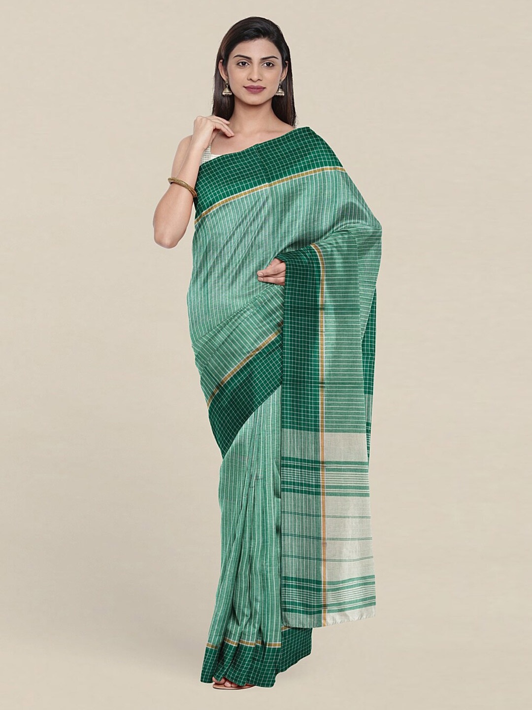 

Pothys Green & White Printed Checked Pure Cotton Saree