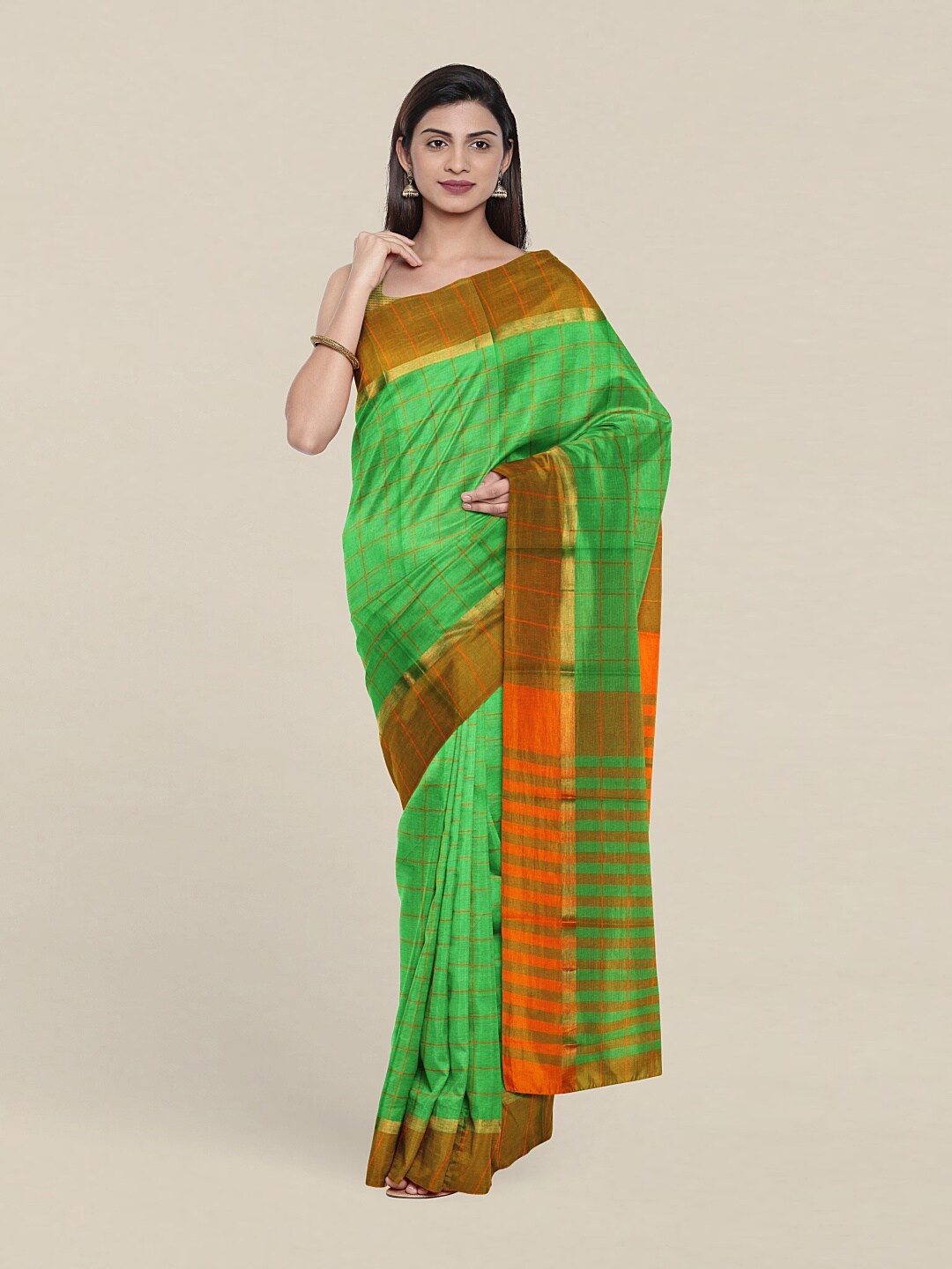 

Pothys Green & Orange Printed Checked Pure Cotton Saree