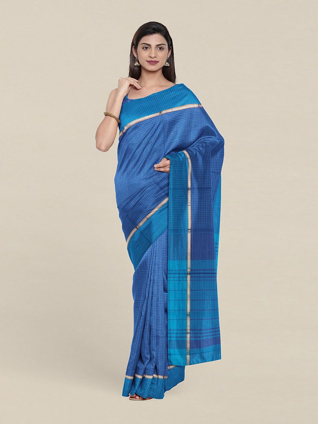 

Pothys Blue & Gold-Toned Printed Checked Pure Cotton Saree