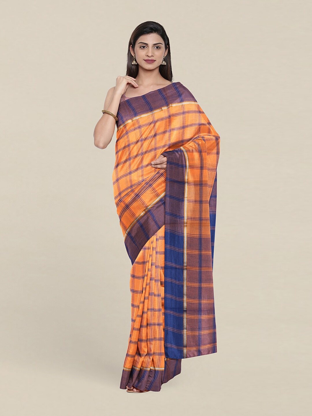 

Pothys Peach-Coloured & Blue Printed Checked Pure Cotton Saree