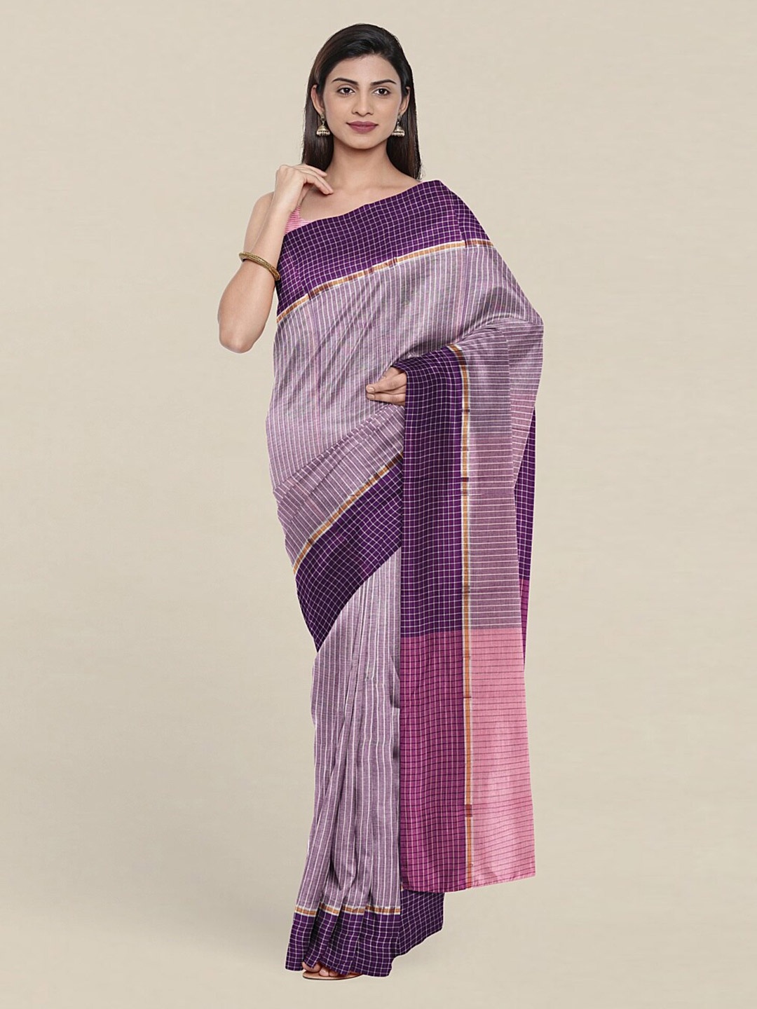 

Pothys Violet & Pink Printed Striped Zari Pure Cotton Saree