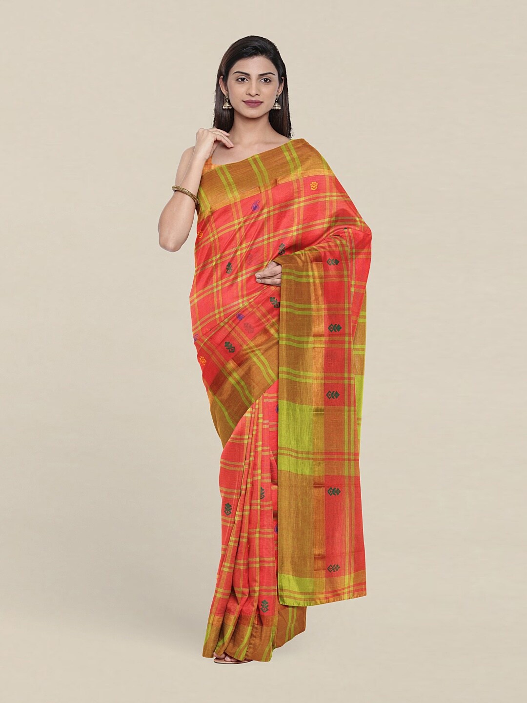 

Pothys Pink & Green Checked Zari Pure Cotton Saree