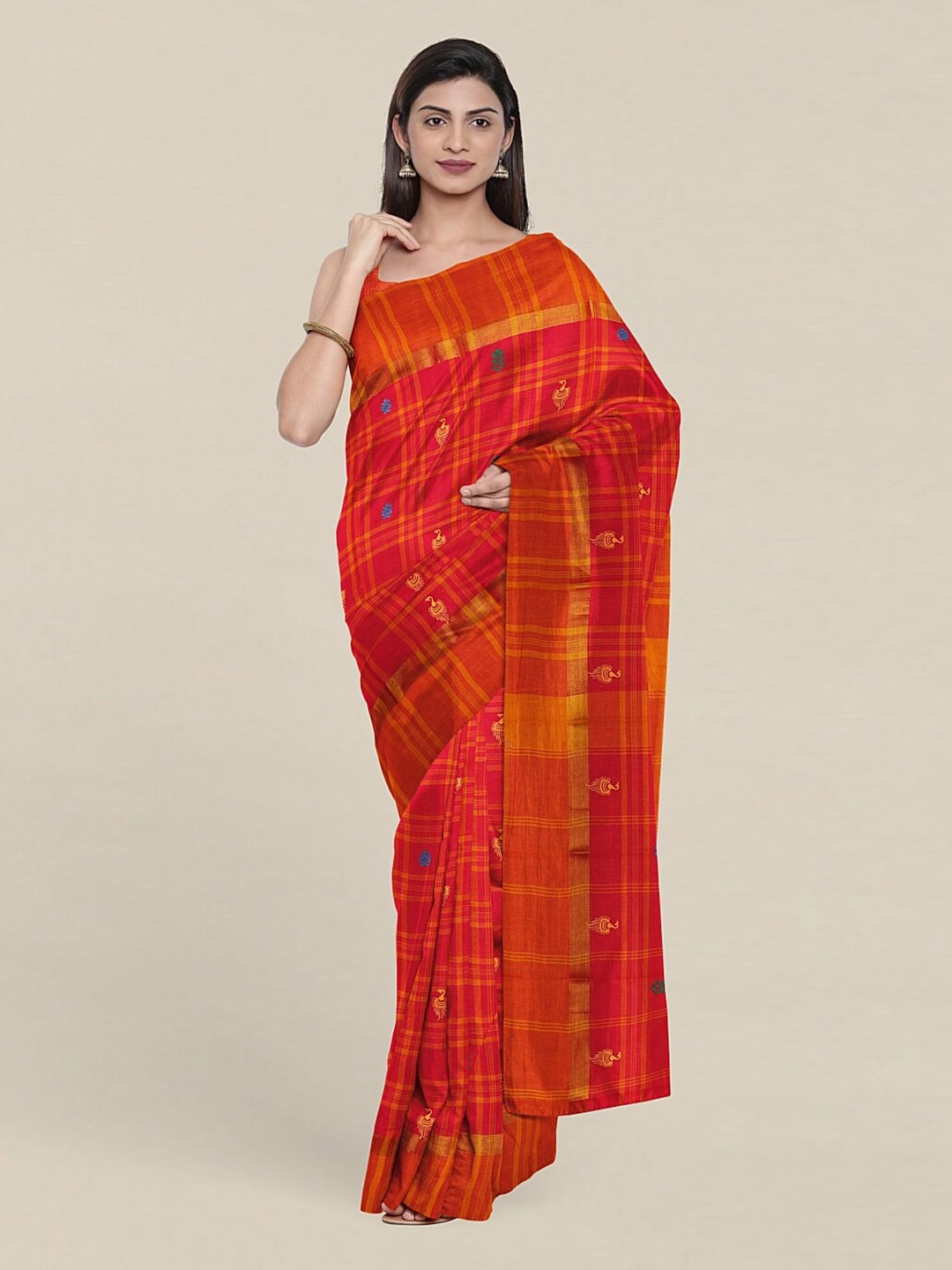 

Pothys Pink & Gold-Toned Checked Zari Pure Cotton Saree