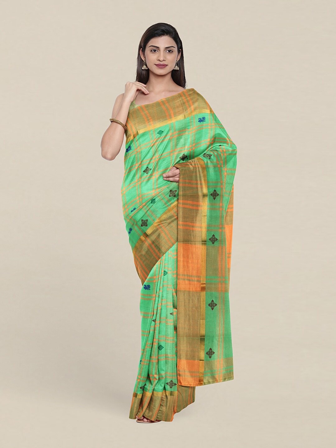 

Pothys Green & Orange Checked Pure Cotton Saree