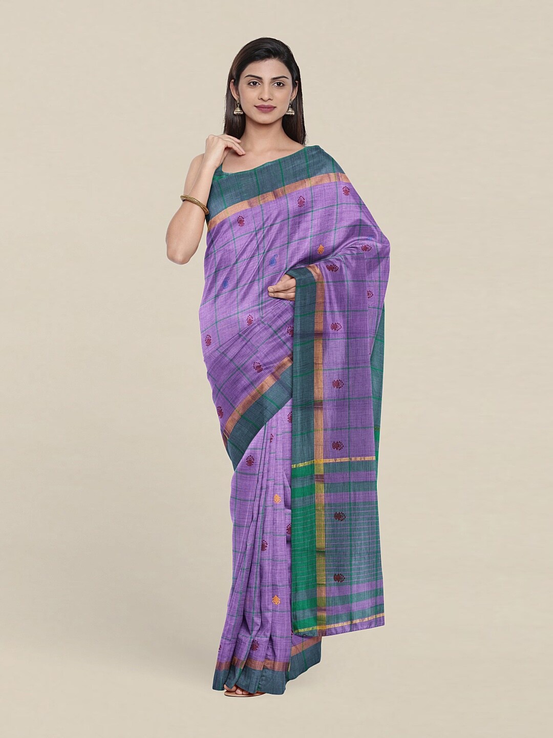 

Pothys Blue & Green Checked Zari Pure Cotton Saree
