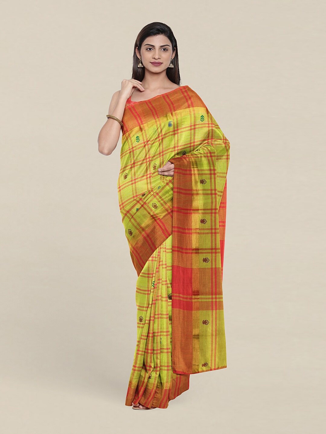 

Pothys Green & Peach-Coloured Checked Pure Cotton Saree