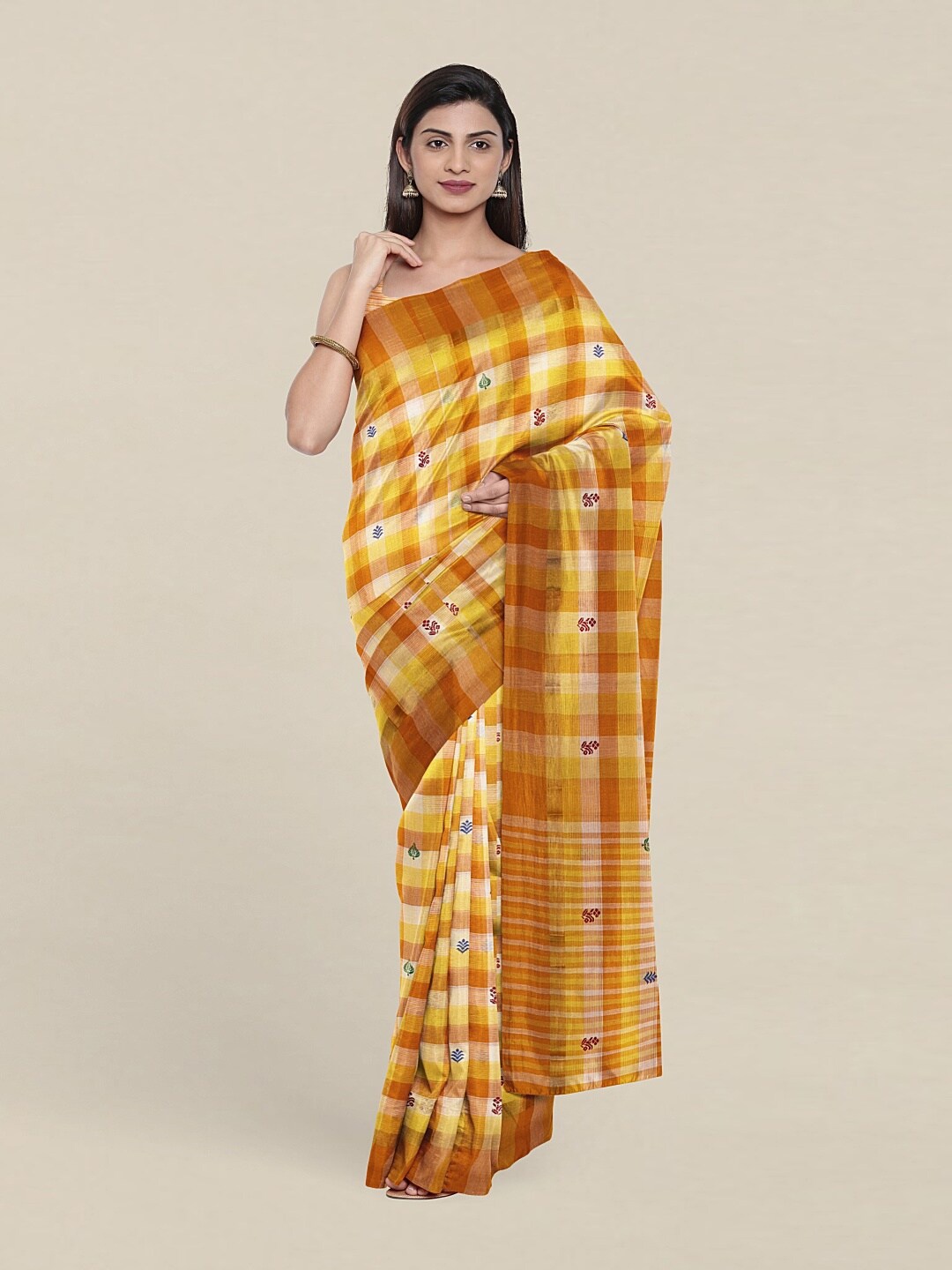 

Pothys Yellow & Brown Checked Zardozi Pure Cotton Saree