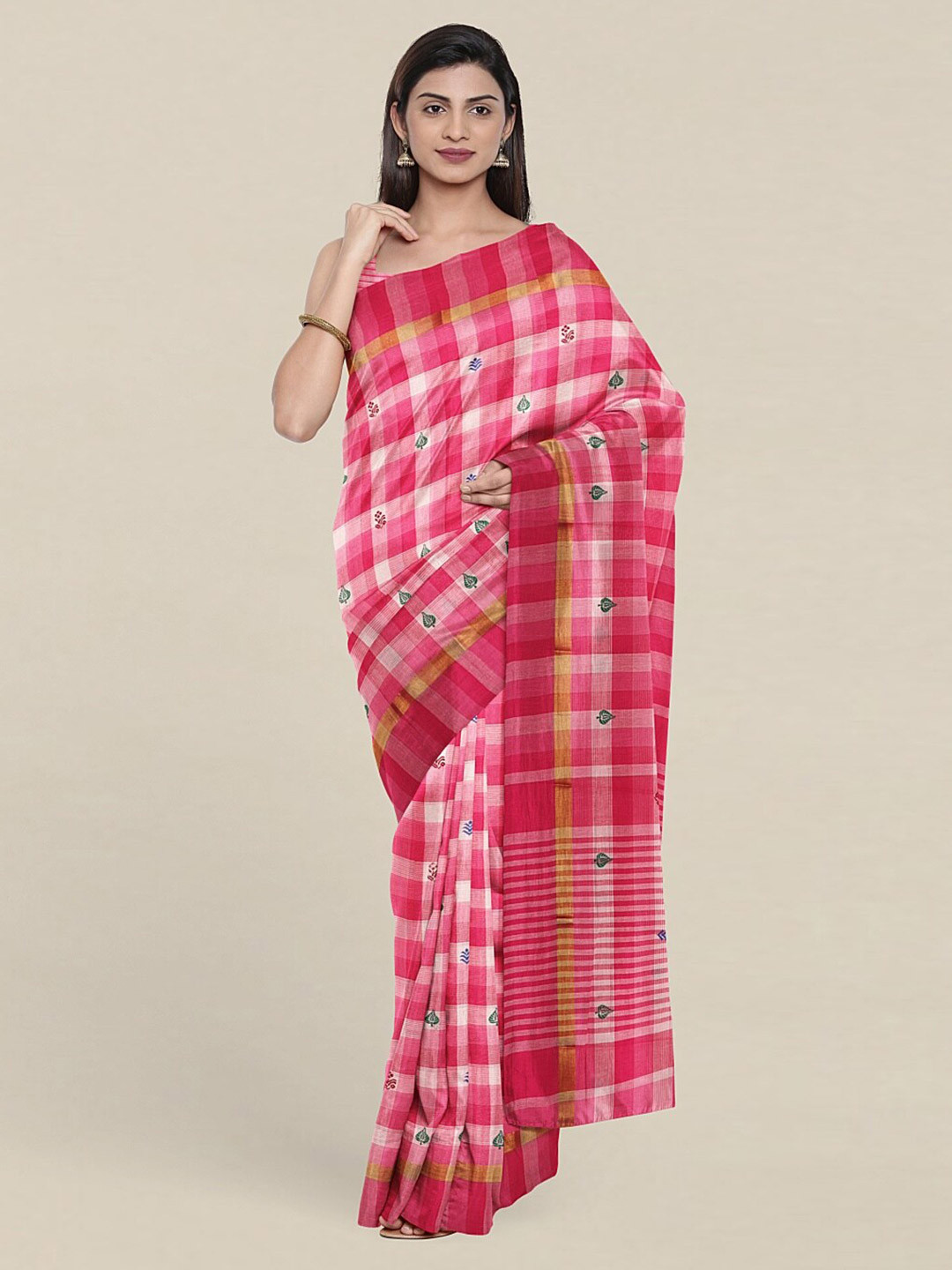 

Pothys Pink & Green Checked Pure Cotton Saree