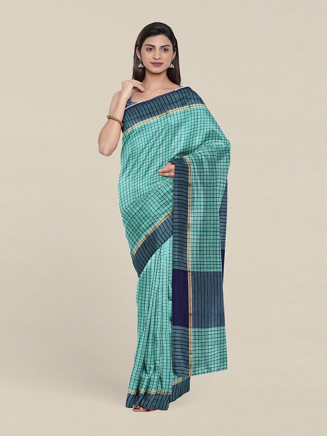 

Pothys Blue & Green Checked Pure Cotton Saree