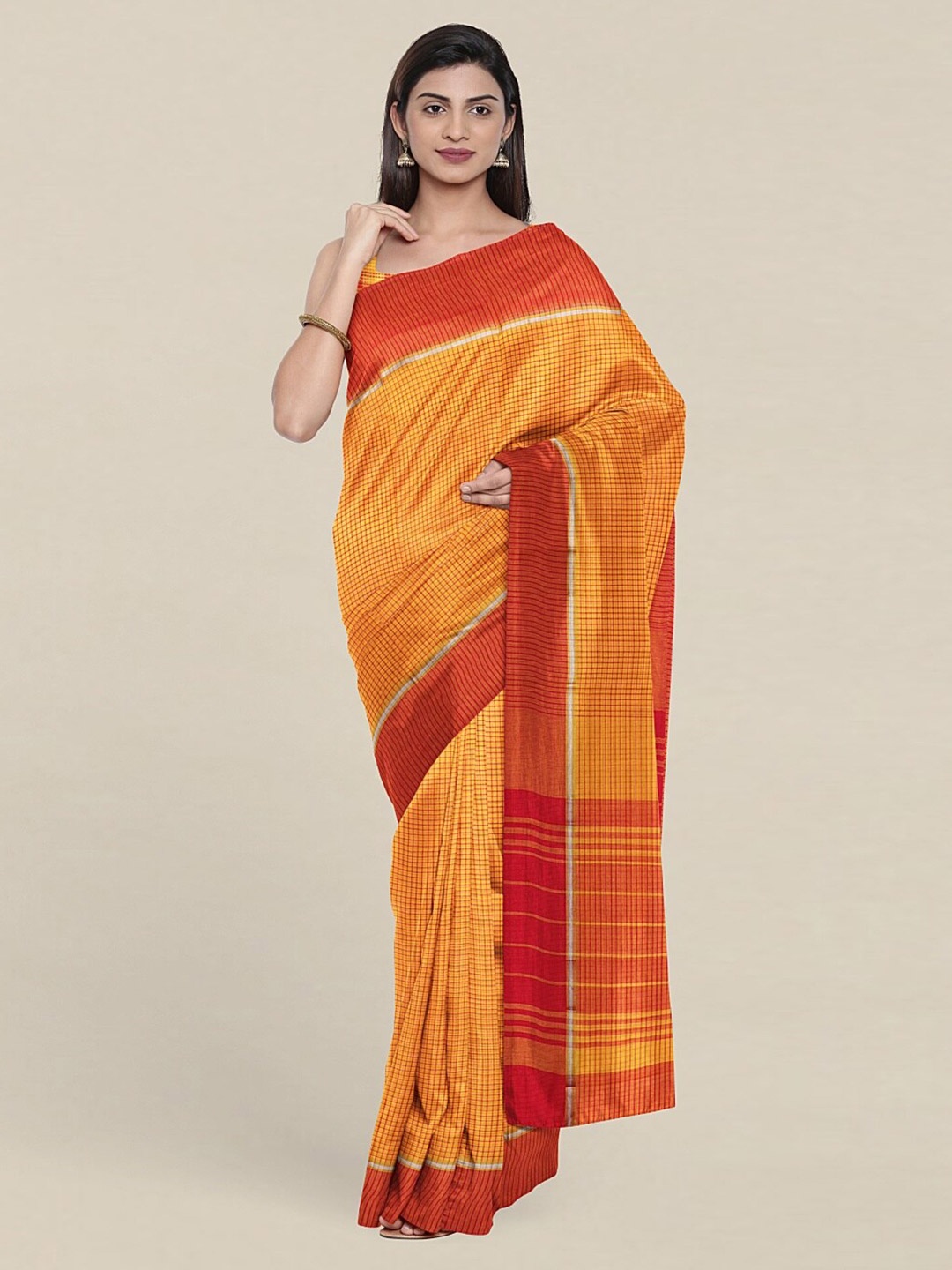 

Pothys Yellow & Orange Checked Zari Pure Cotton Saree