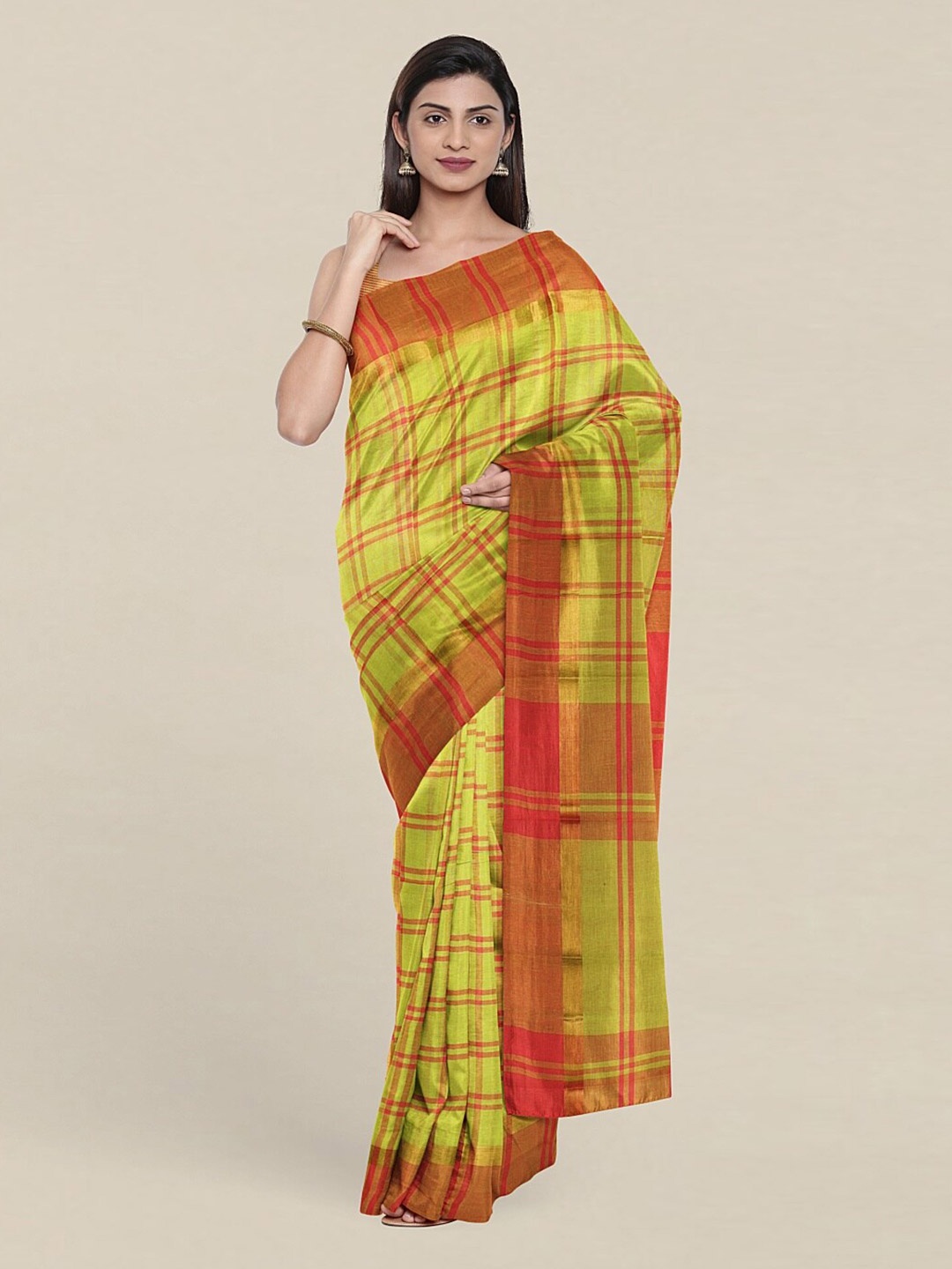 

Pothys Green & Red Checked Zari Pure Cotton Saree