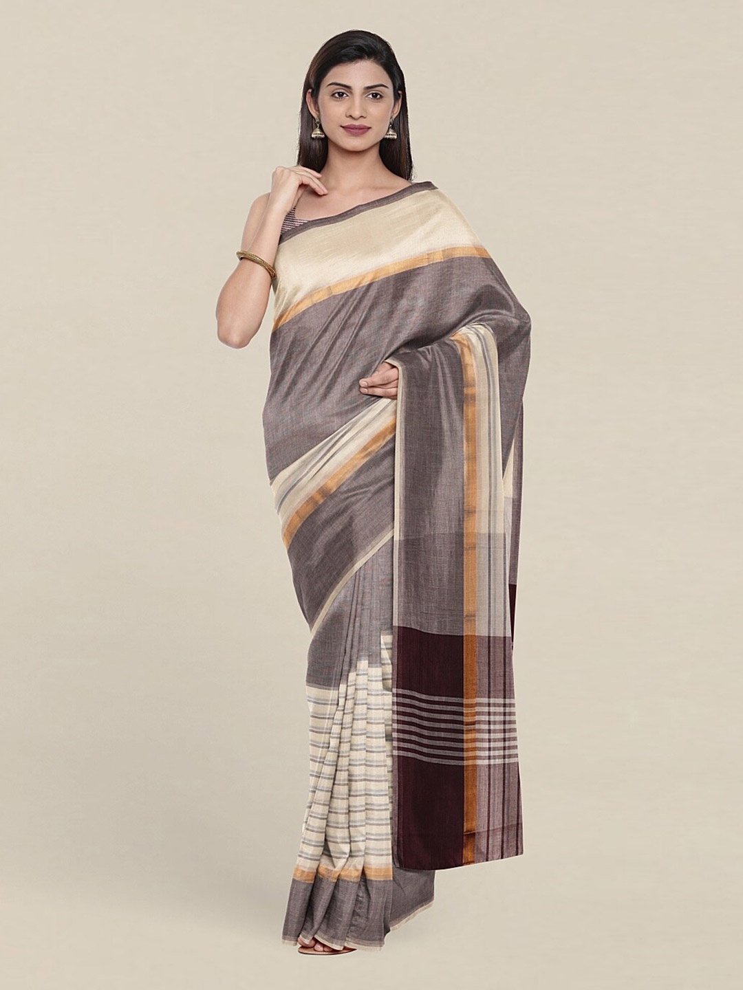 

Pothys Cream-Coloured & Gold-Toned Striped Zari Pure Cotton Saree