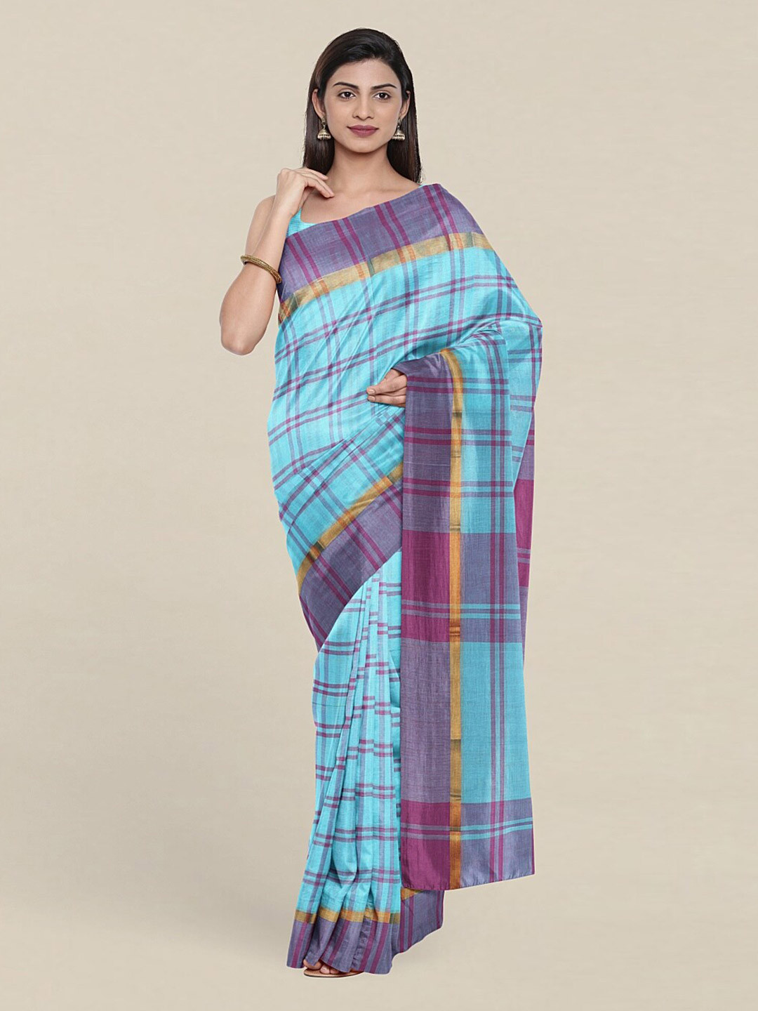 

Pothys Blue & Purple Checked Pure Cotton Saree
