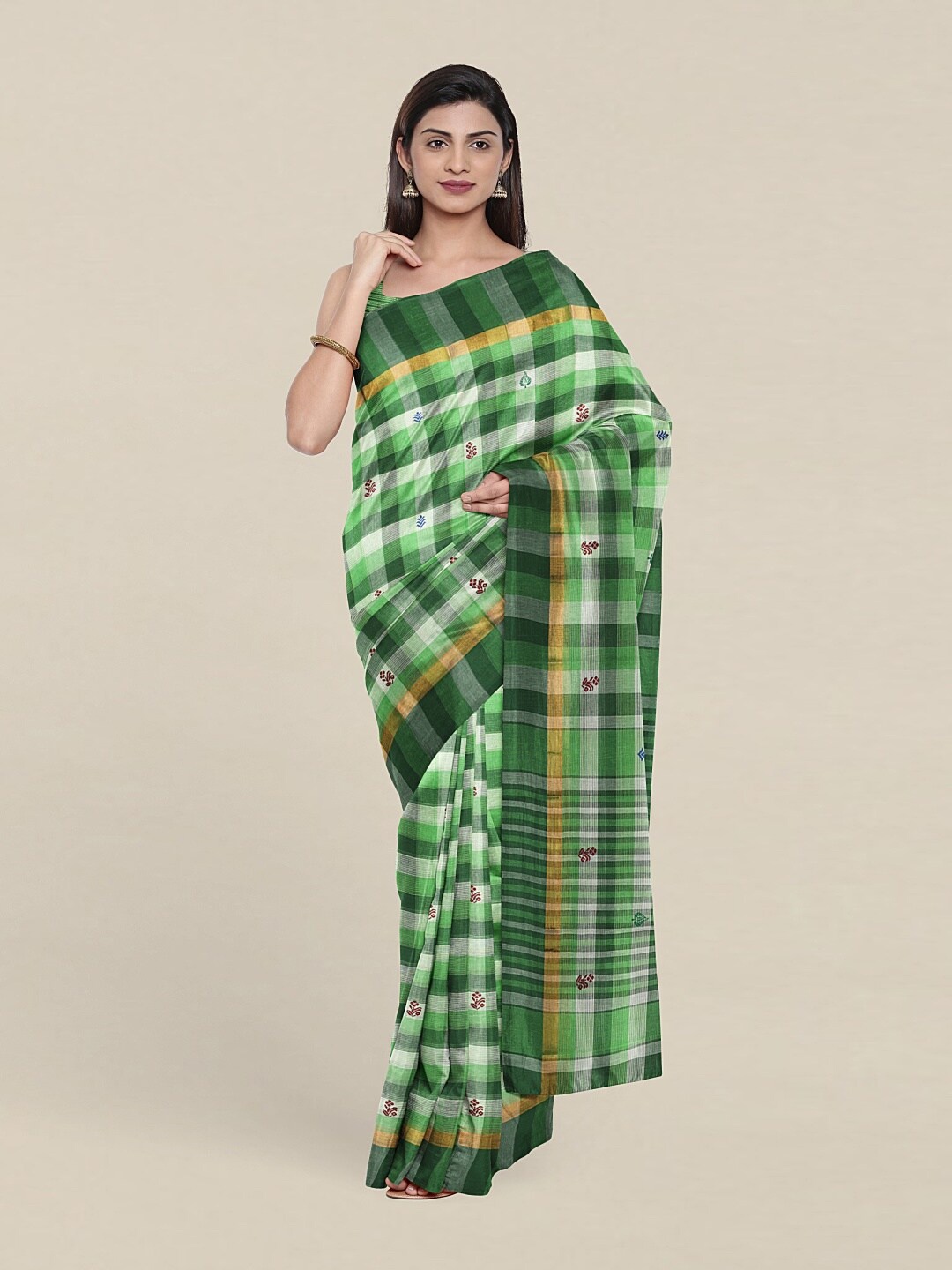 

Pothys Green & Gold-Toned Checked Zari Pure Cotton Saree