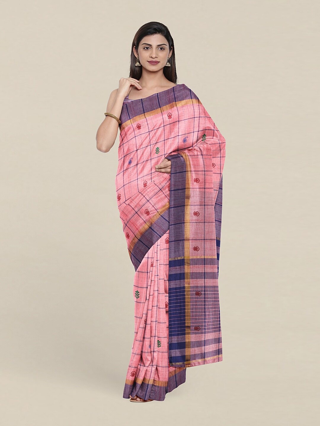 

Pothys Pink & Green Checked Pure Cotton Saree