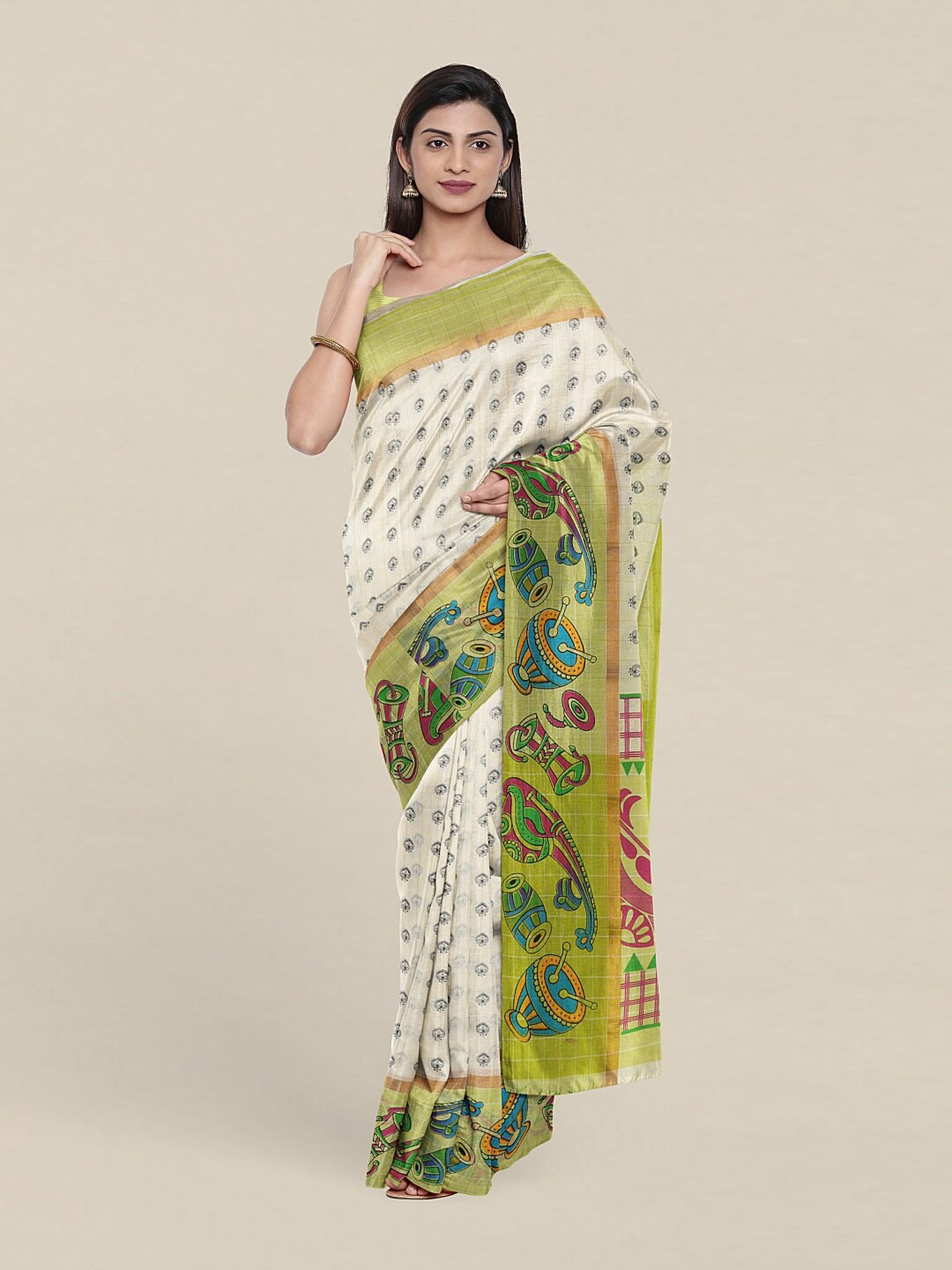 

Pothys White & Green Ethnic Motifs Zari Pure Cotton Saree