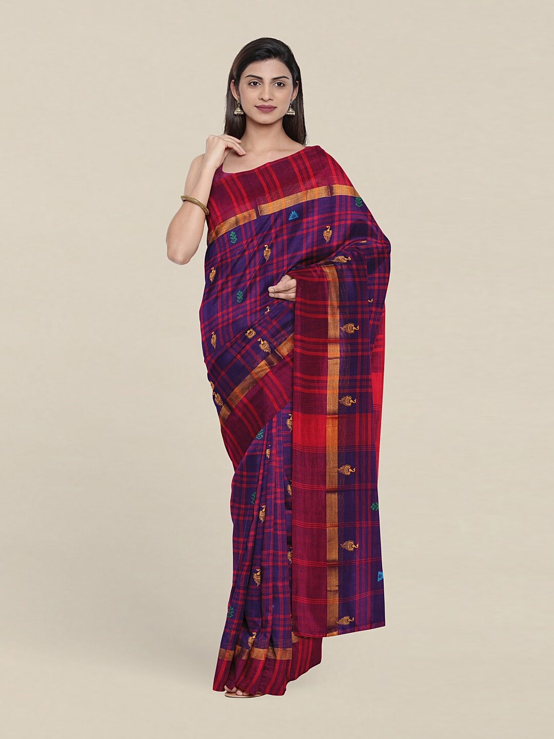

Pothys Blue & Pink Checked Zari Pure Cotton Saree
