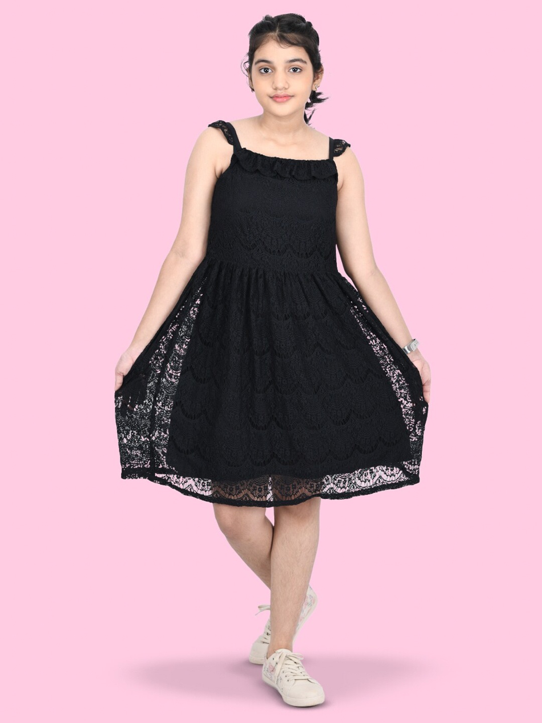 

Zalio Girls Black Self Design Cotton Sleeveless Dress