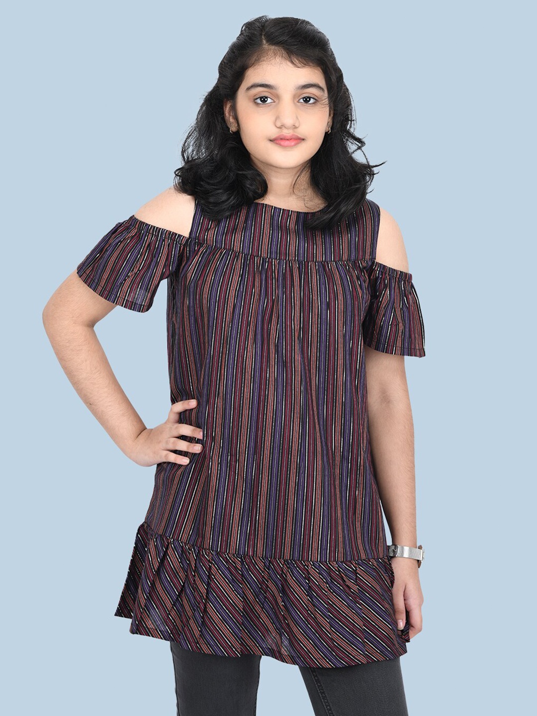 

Zalio Girls Brown Striped Longline Top