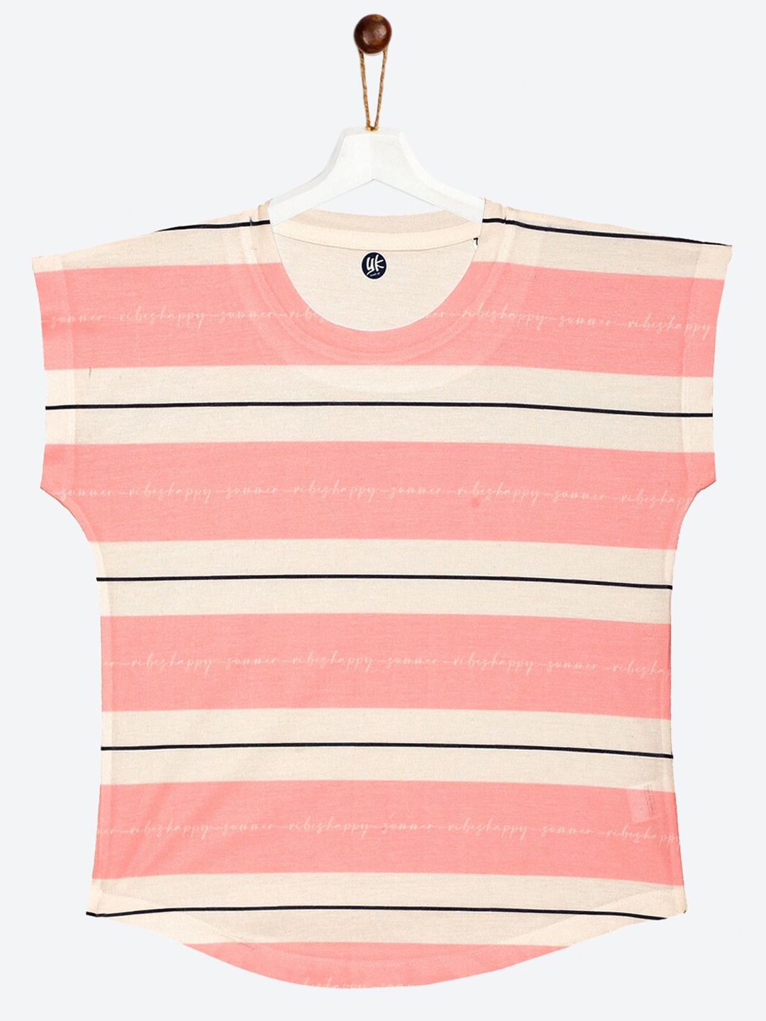 

YK Girls White & Peach-Coloured Striped Extended Sleeves Top, Pink