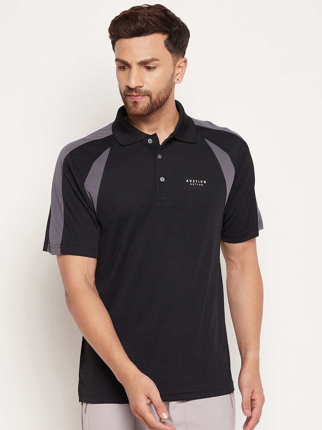 

AUSTIVO Men Black & Purple Colourblocked Polo Collar T-shirt