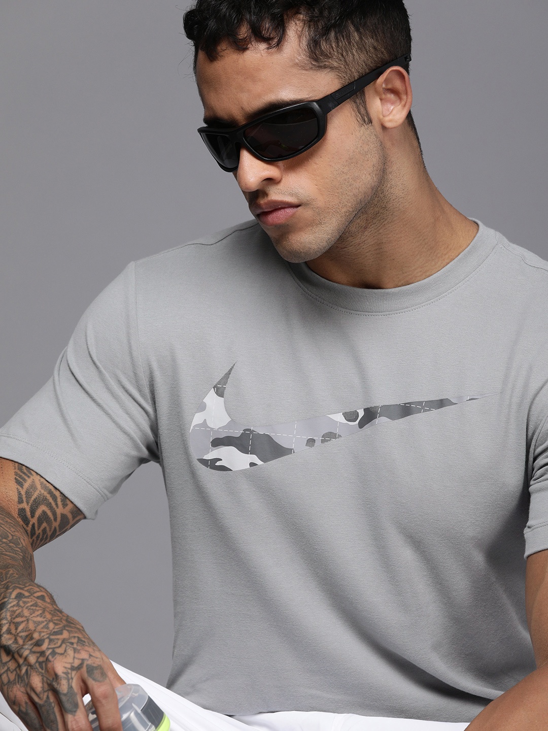 

Nike Men Grey Brand Logo Printed Dri-FIT Training T-shirt