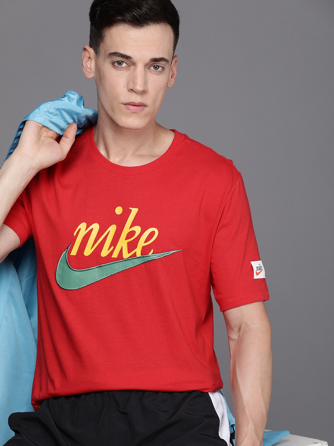

Nike Men Red Brand Logo Printed SWOOSH 50 HBR FS Pure Cotton T-shirt