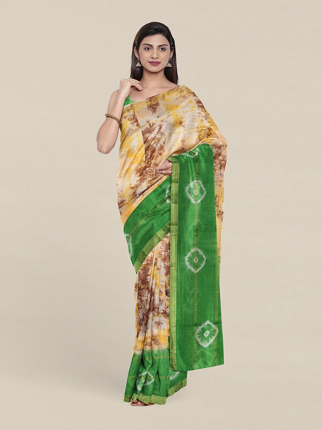 

Pothys Cream-Coloured & Green Tie and Dye Zari Pure Cotton Saree