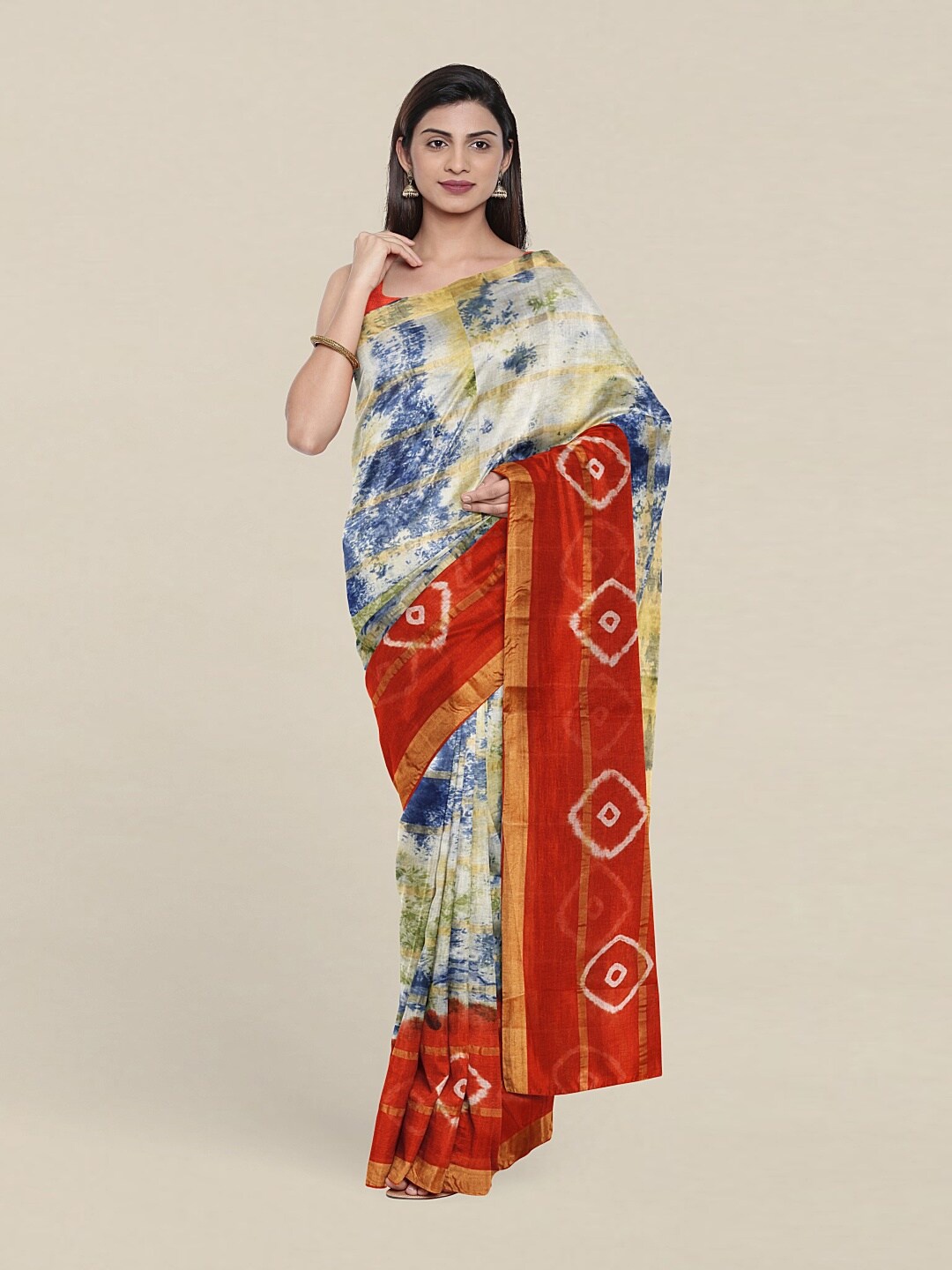 

Pothys Off White & Red Tie and Dye Zari Pure Cotton Saree