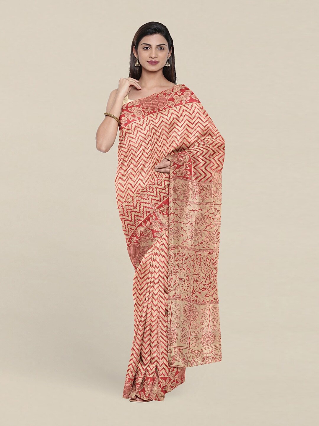 

Pothys Cream-Coloured & Pink Floral Pure Cotton Saree
