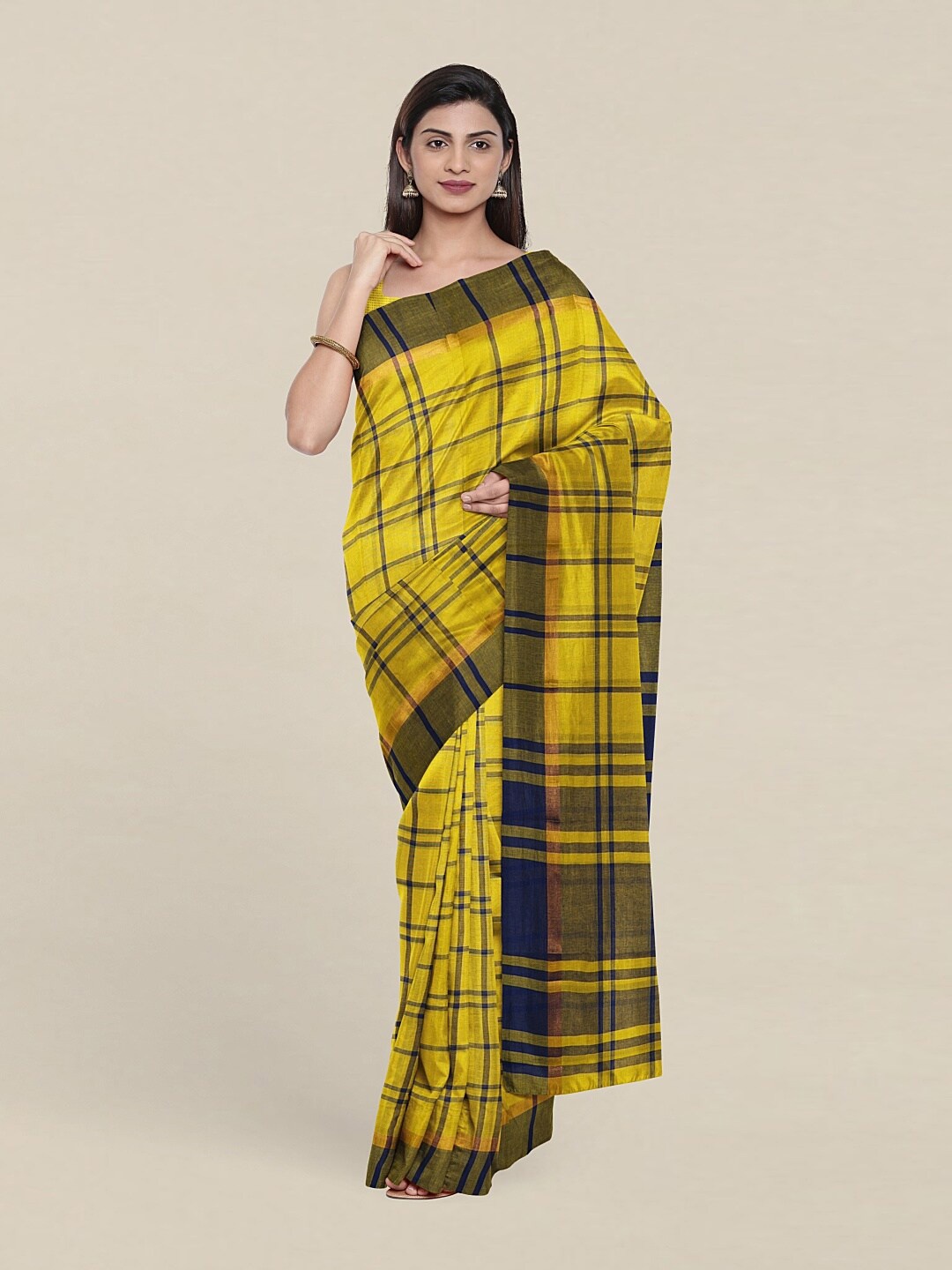 

Pothys Yellow & Blue Checked Pure Cotton Saree