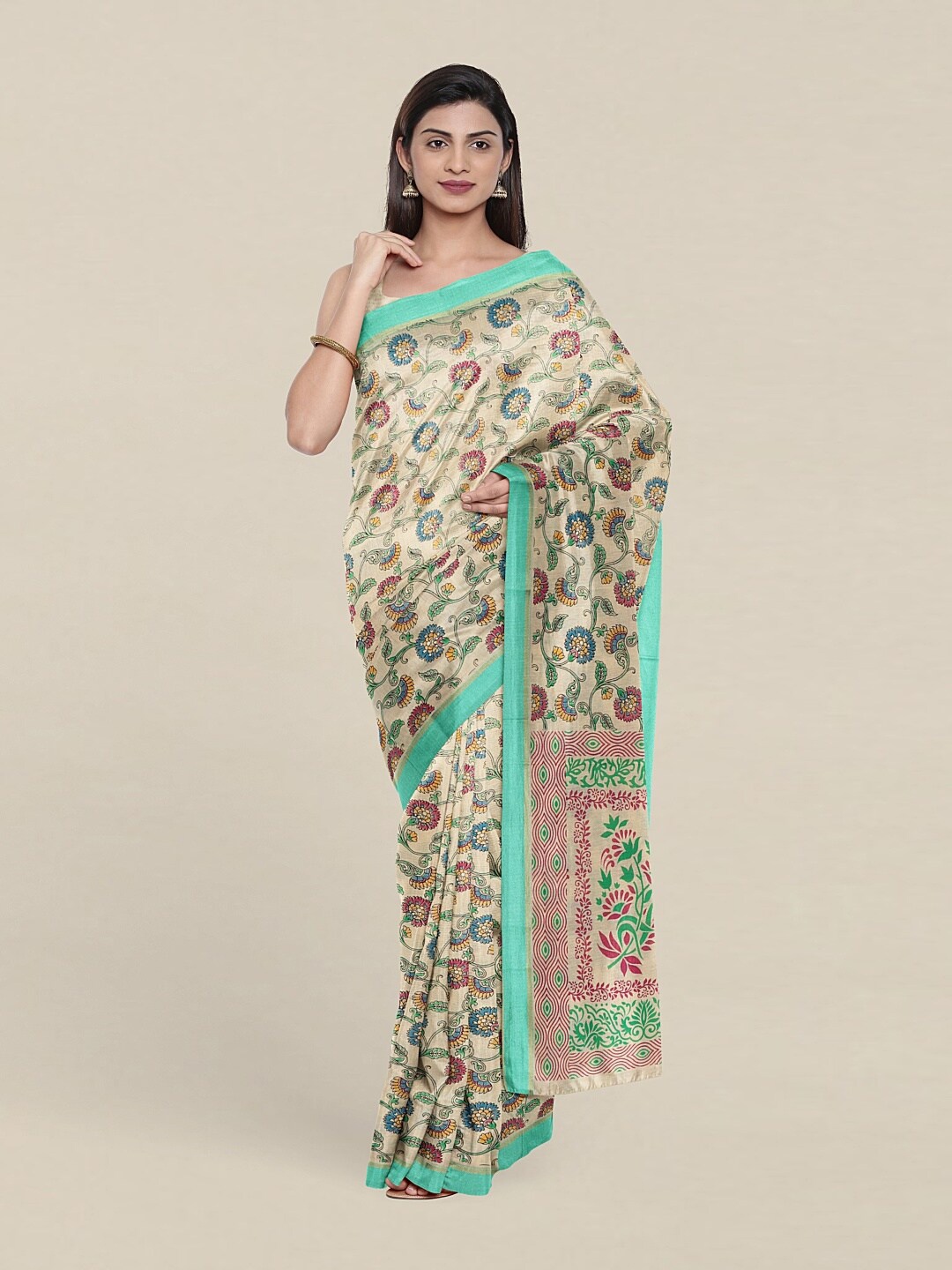 

Pothys Cream-Coloured & Blue Floral Pure Cotton Saree