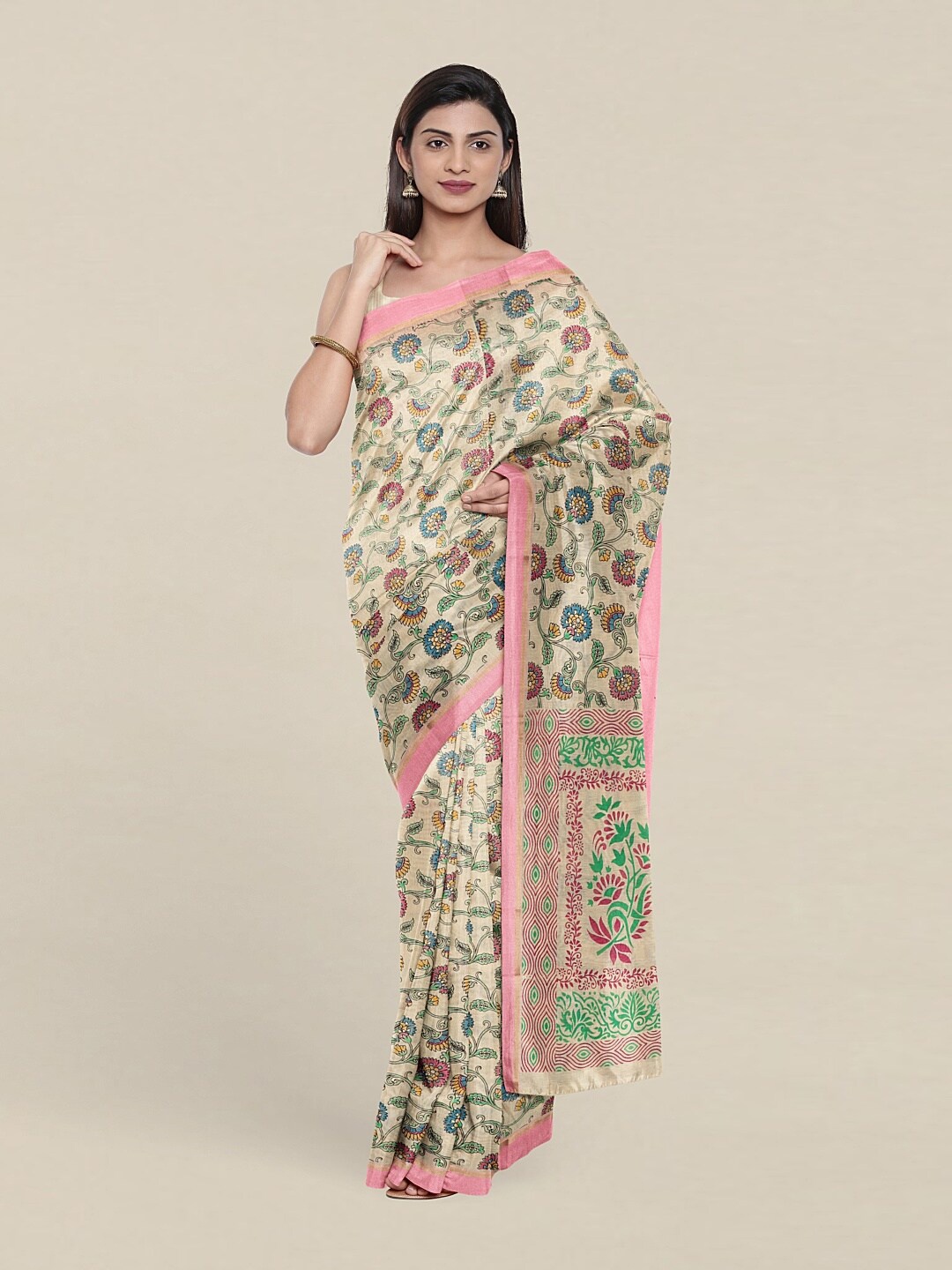 

Pothys Cream-Coloured & Green Floral Pure Cotton Saree