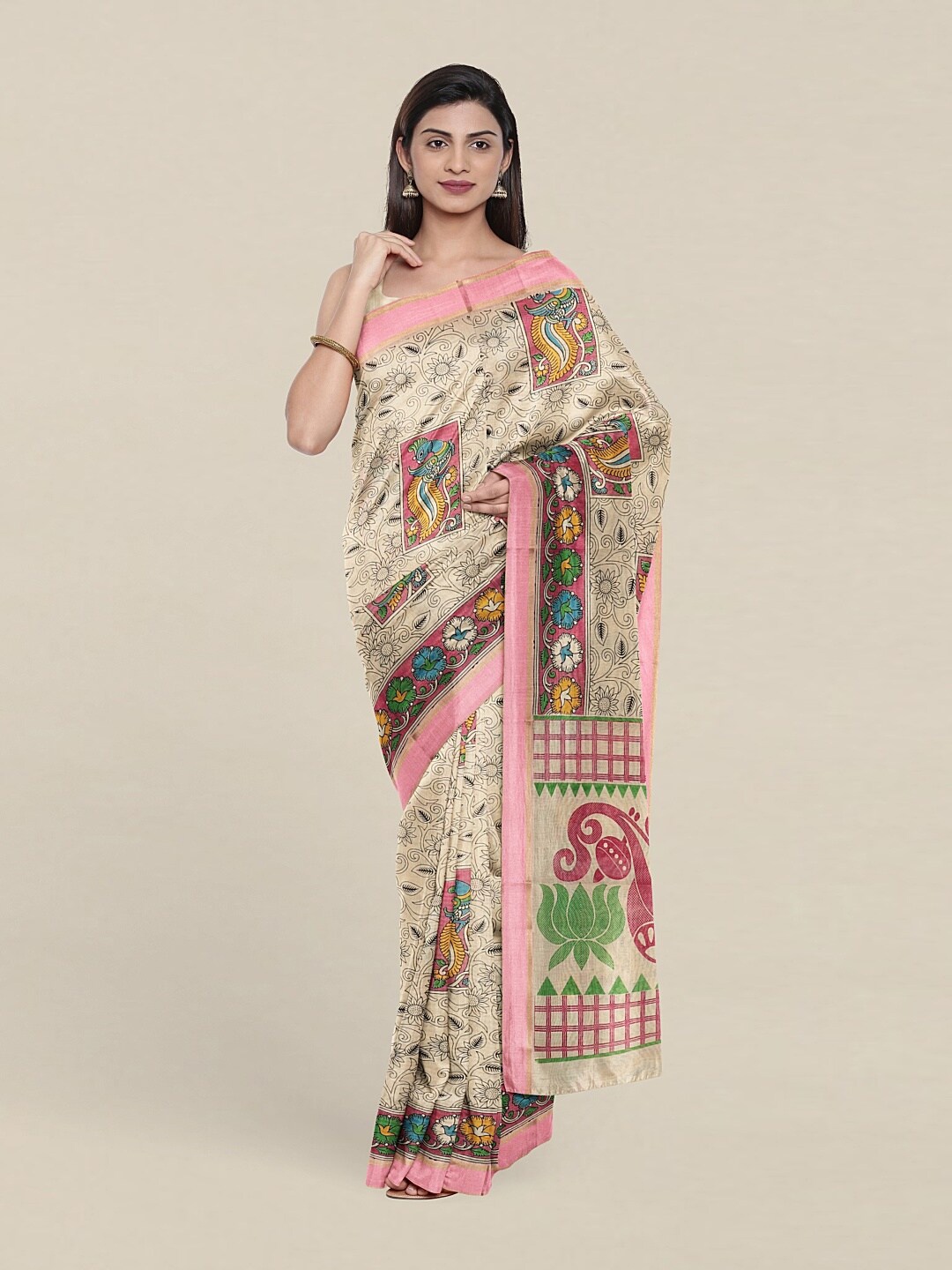 

Pothys Cream-Coloured & Green Floral Pure Cotton Saree
