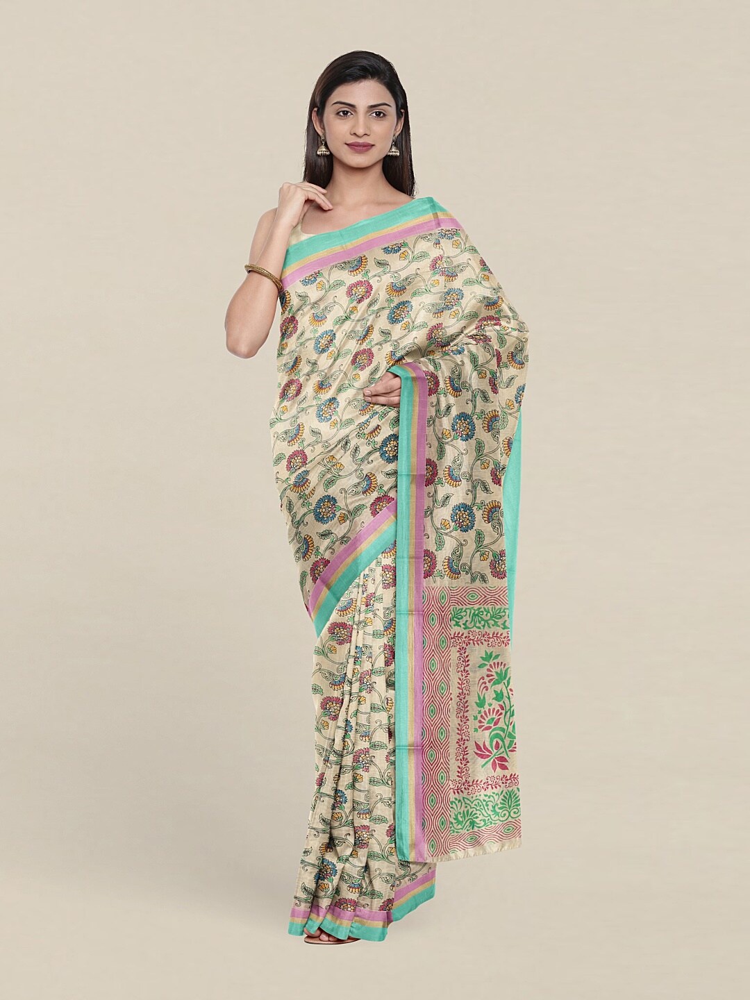 

Pothys Cream-Coloured & Pink Floral Zari Pure Cotton Saree