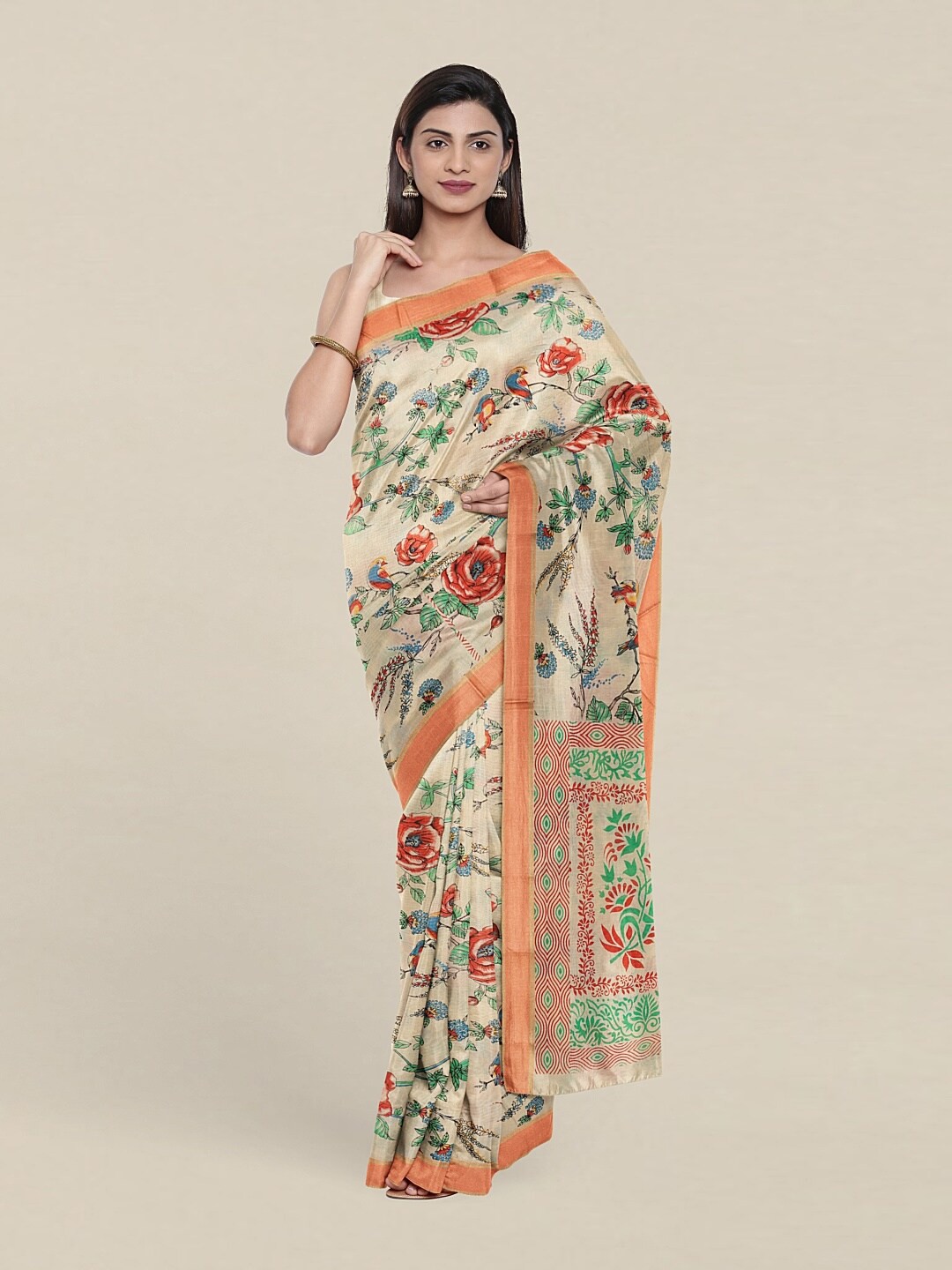 

Pothys Cream-Coloured & Green Floral Pure Cotton Saree
