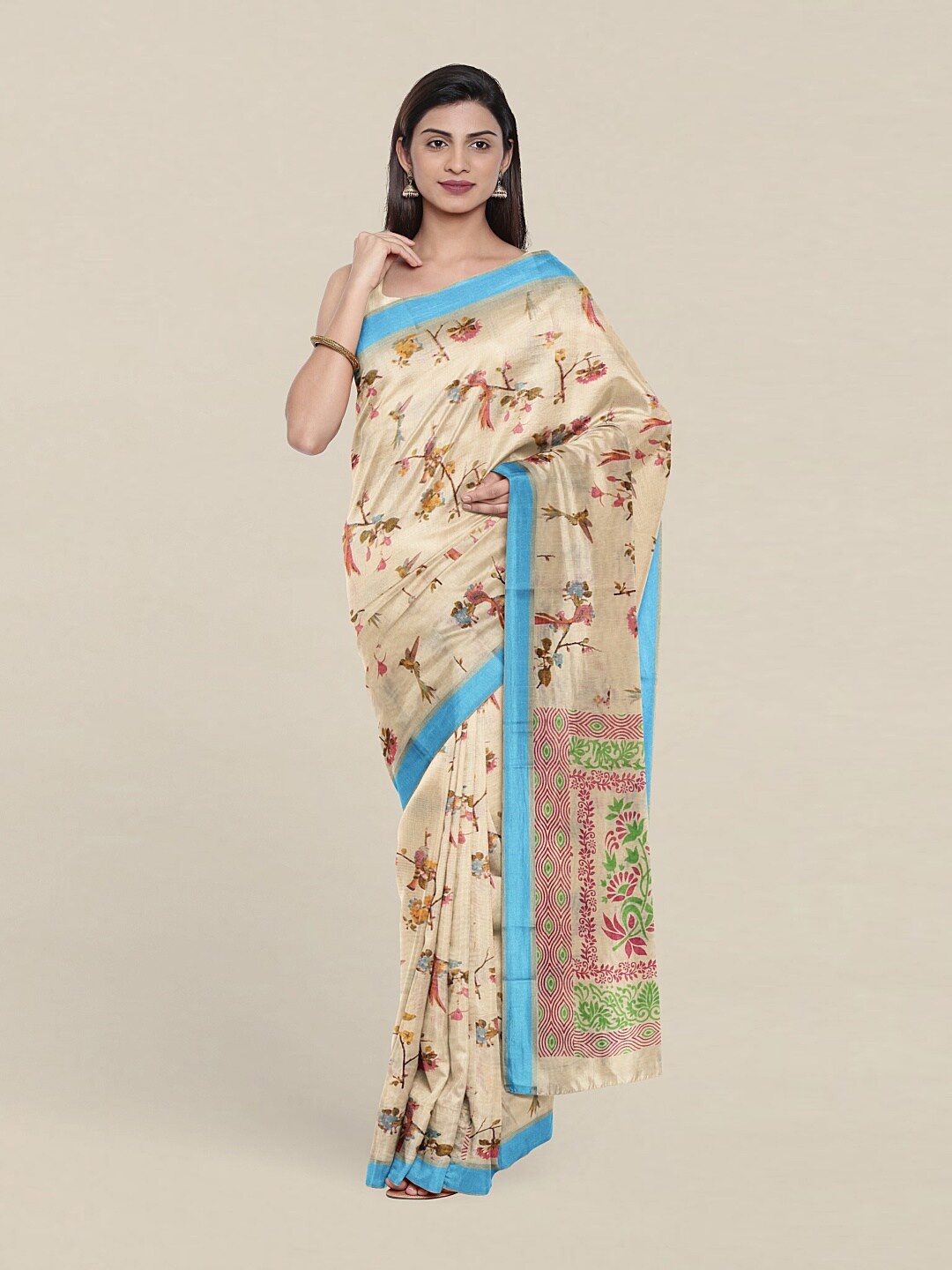 

Pothys Cream-Coloured & Silver-Toned Printed Floral Zari Pure Cotton Saree
