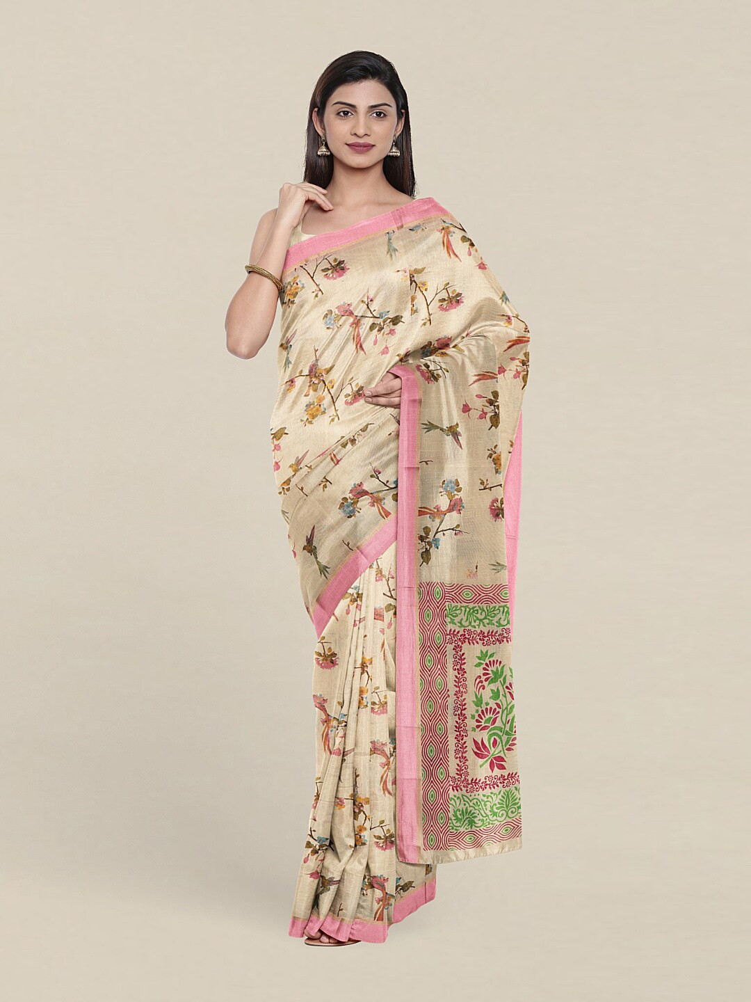 

Pothys Cream-Coloured & Green Printed Floral Pure Cotton Saree