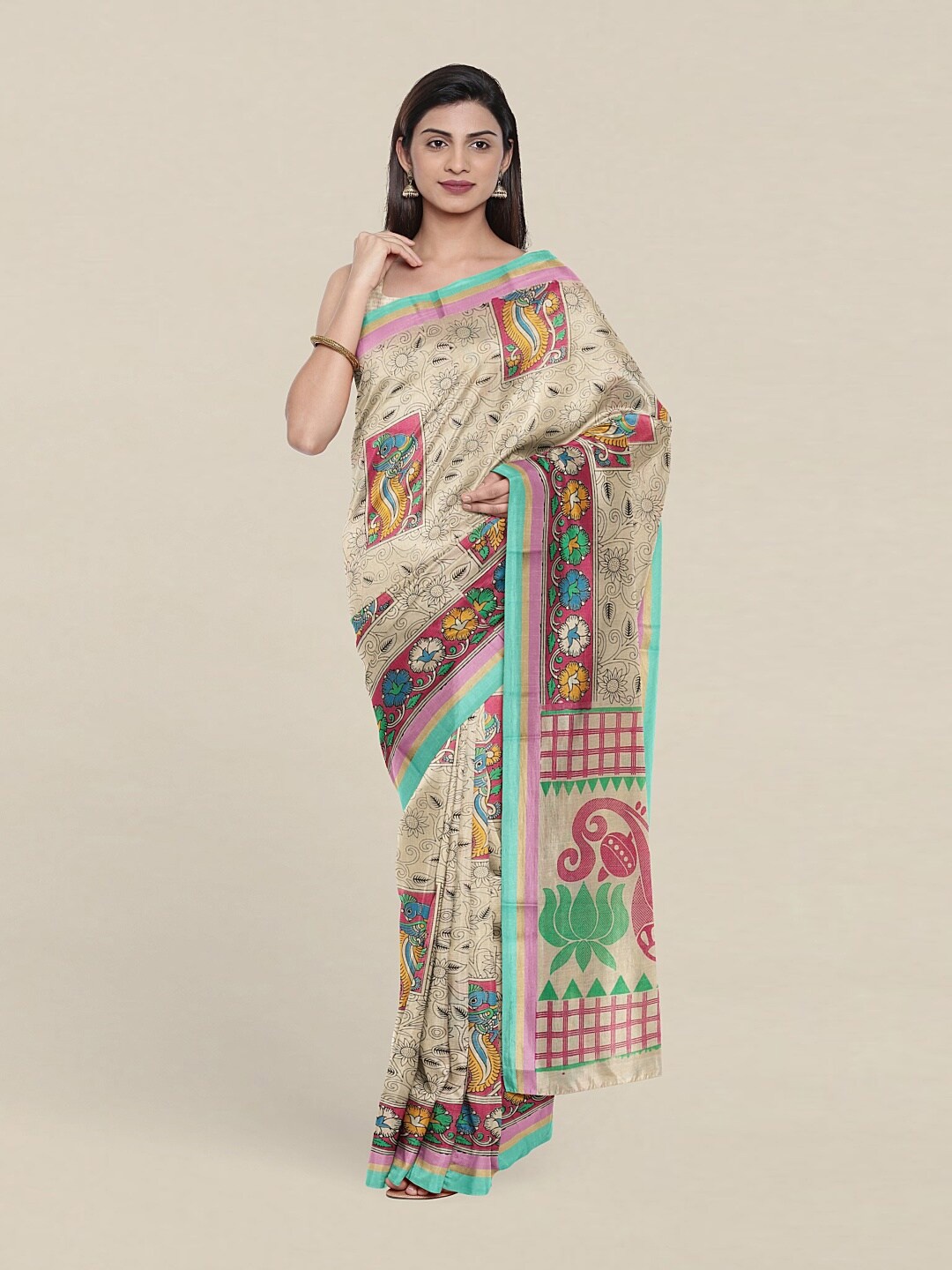 

Pothys Cream-Coloured & Pink Printed Ethnic Motifs Pure Cotton Saree