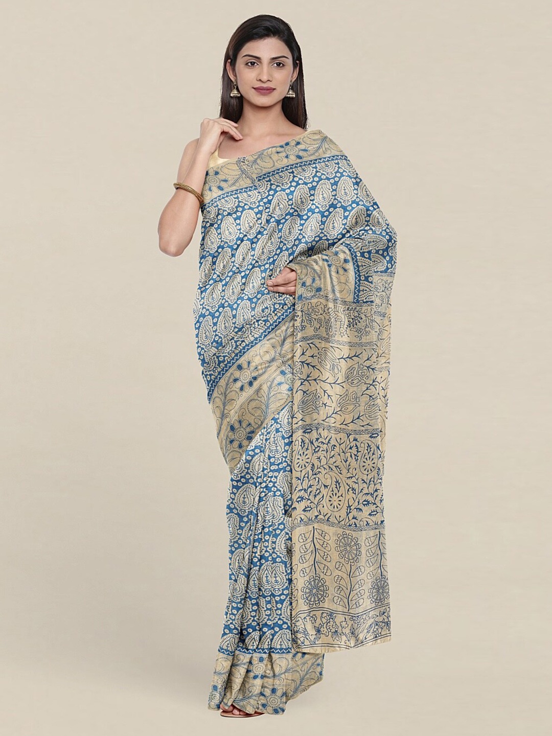 

Pothys Blue & Cream-Coloured Printed Ethnic Motifs Pure Cotton Saree