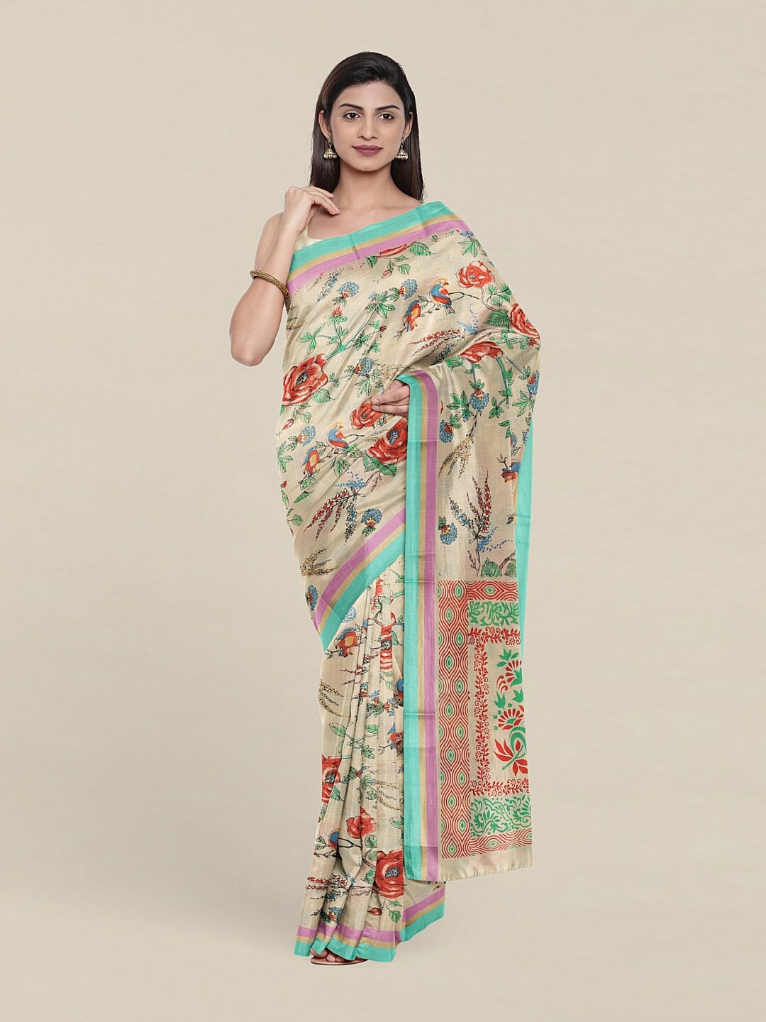 

Pothys Cream-Coloured & Gold-Toned Floral Zari Pure Cotton Saree