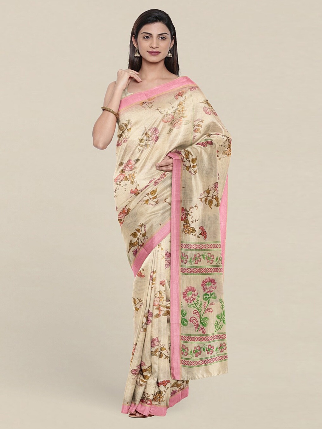 

Pothys Cream-Coloured & Pink Floral Pure Cotton Saree